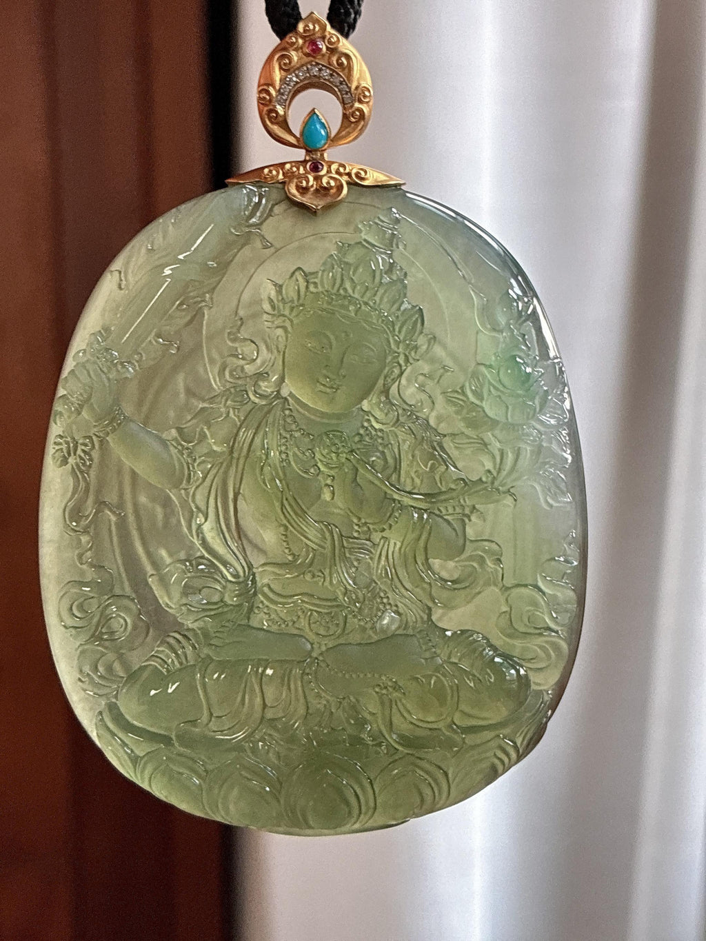 18K金扣高冰种湖水绿度母挂件 天然缅甸A货翡翠（yc484125）