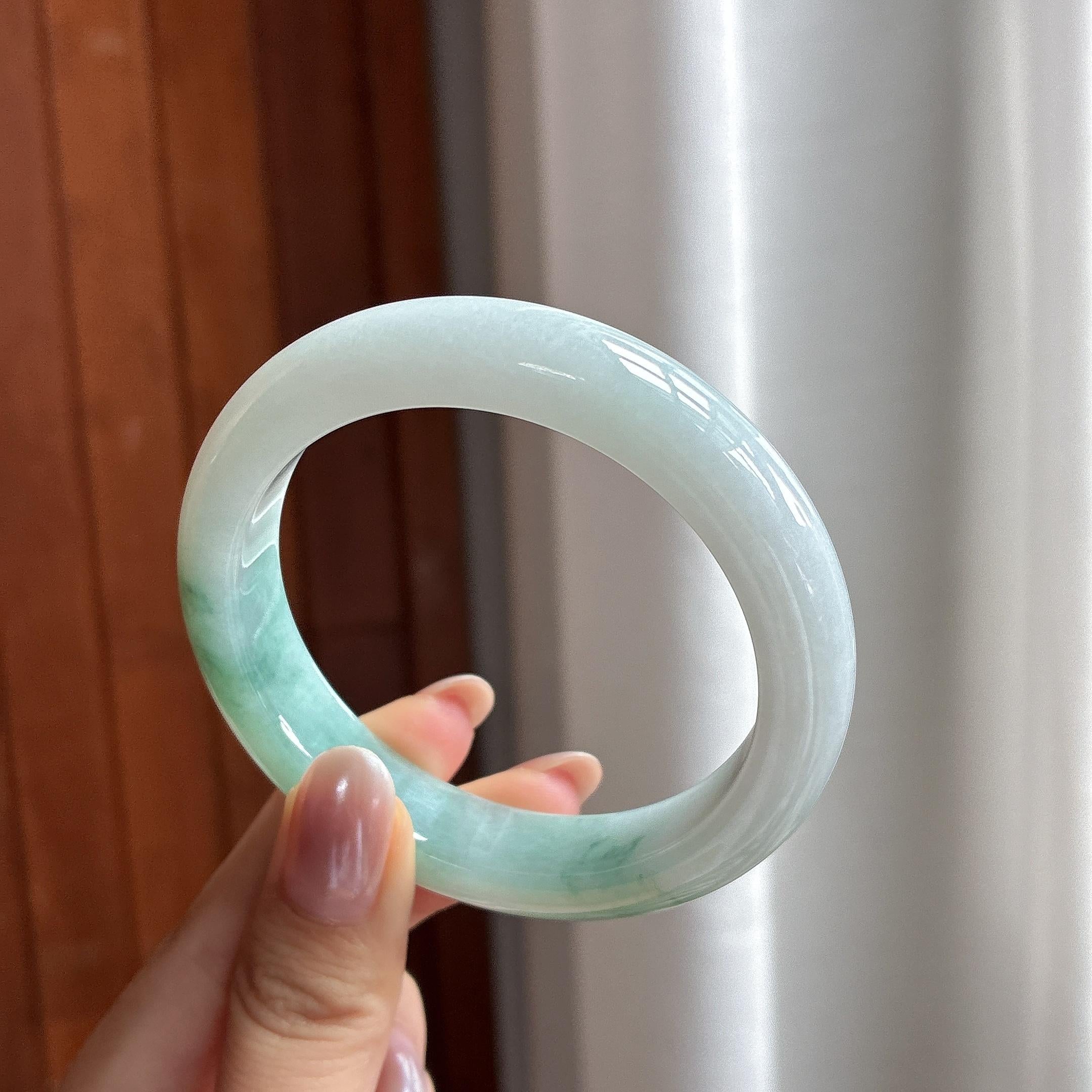 细糯冰飘绿花正圈平安镯 56圈 天然缅甸A货翡翠（yc697848）