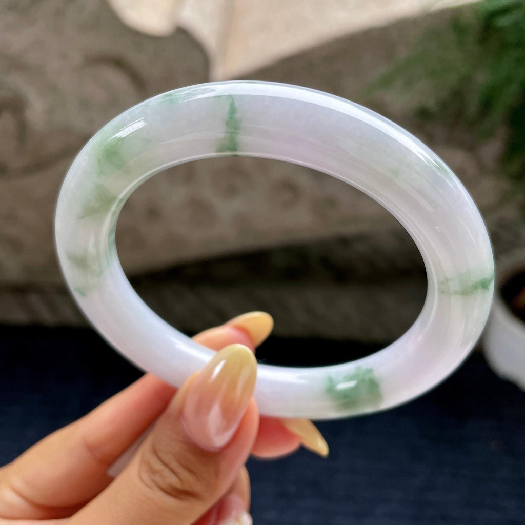 大圈口 细糯种淡紫底飘花圆条手镯58.5圈 天然缅甸A货翡翠（yc460680）
