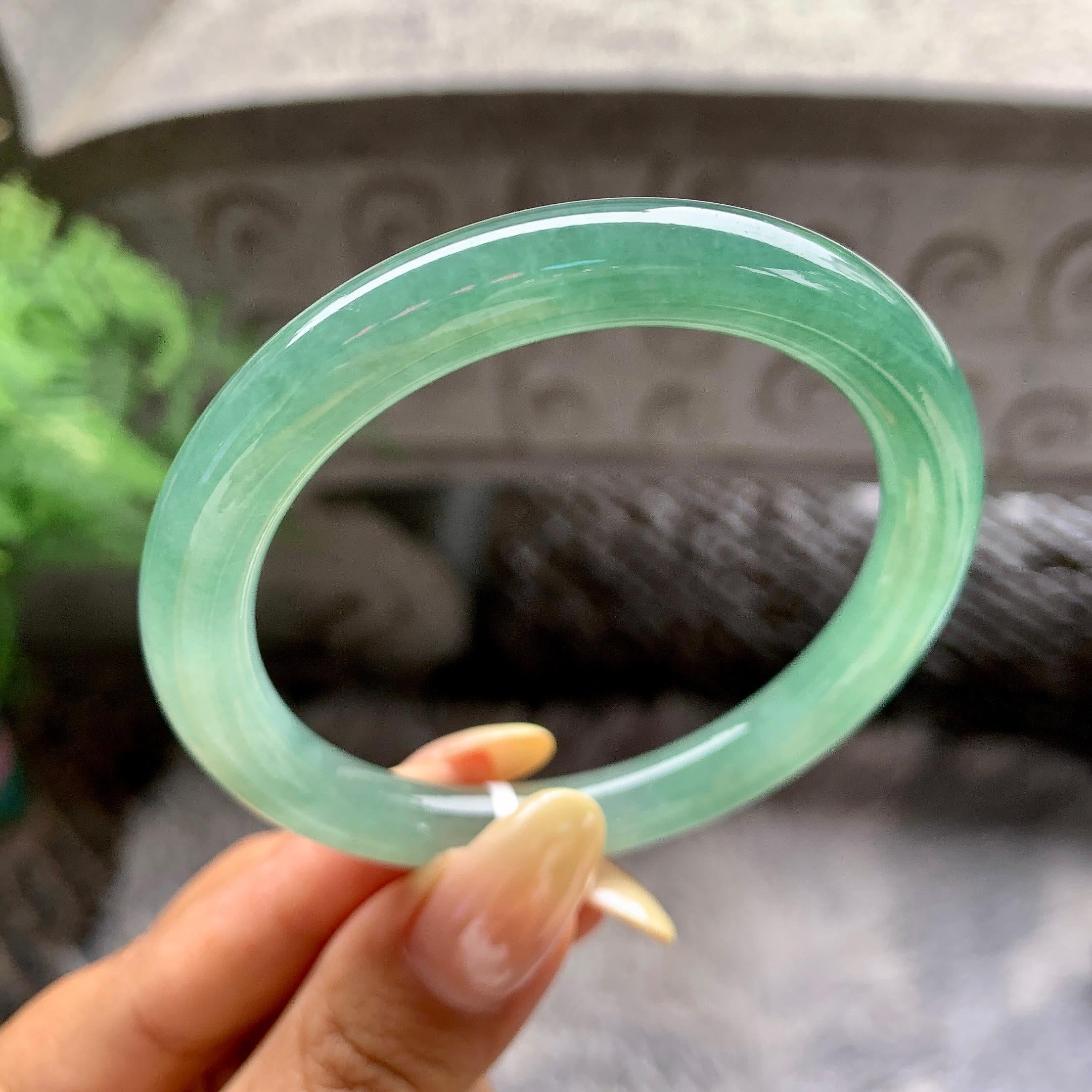 糯冰种油青色圆条手镯55.2圈 天然缅甸A货翡翠（yc481903）