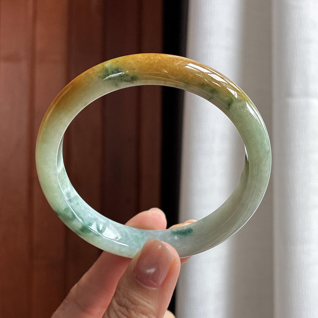 细糯种黄翡特色飘花正圈平安镯 63圈 天然缅甸A货翡翠（yc482224）