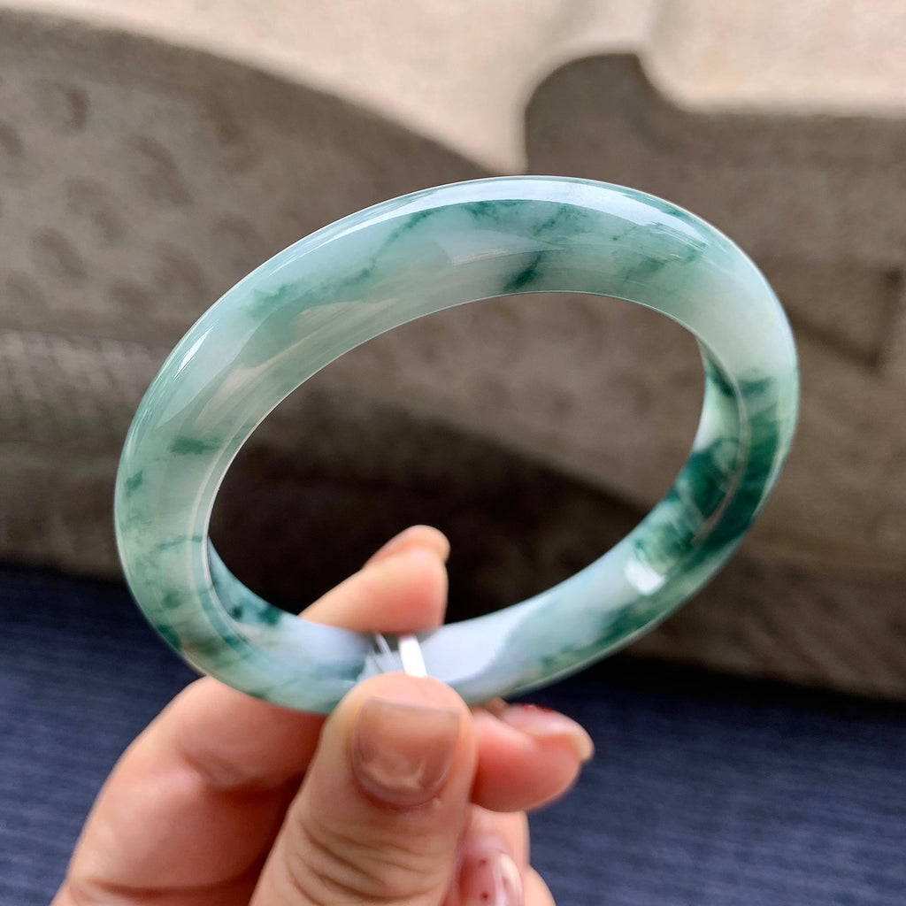 细糯种飘蓝花正圈平安镯 57圈口 天然缅甸A货翡翠（yc345011）