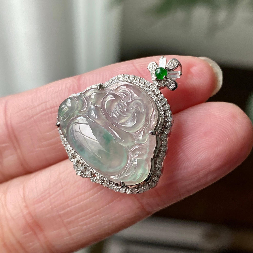 18K金钻镶糯冰种飘花佛公吊坠 天然缅甸A货翡翠（yc319054）