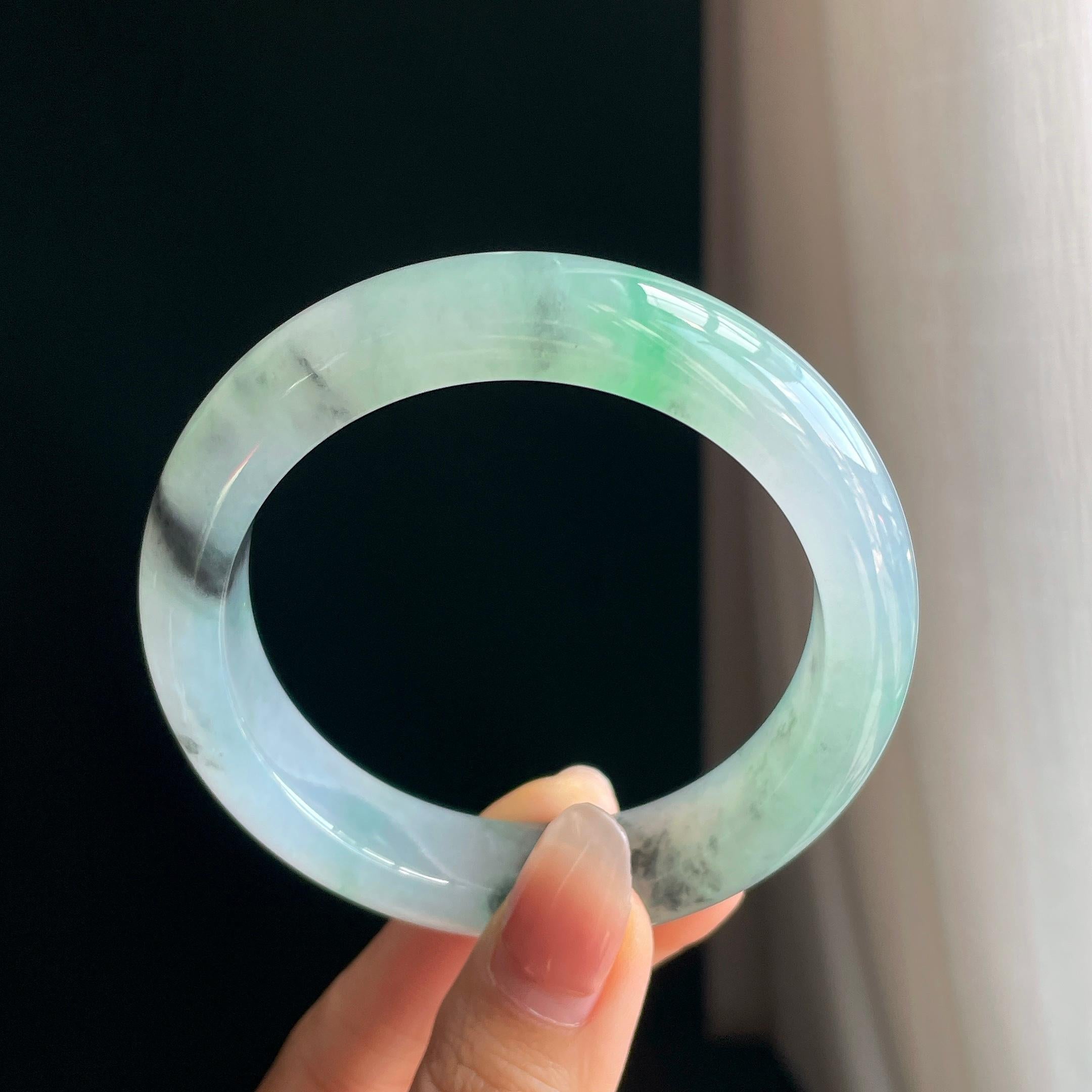 冰种水墨花带色翡翠平安镯（57.7mm)（yc323699）