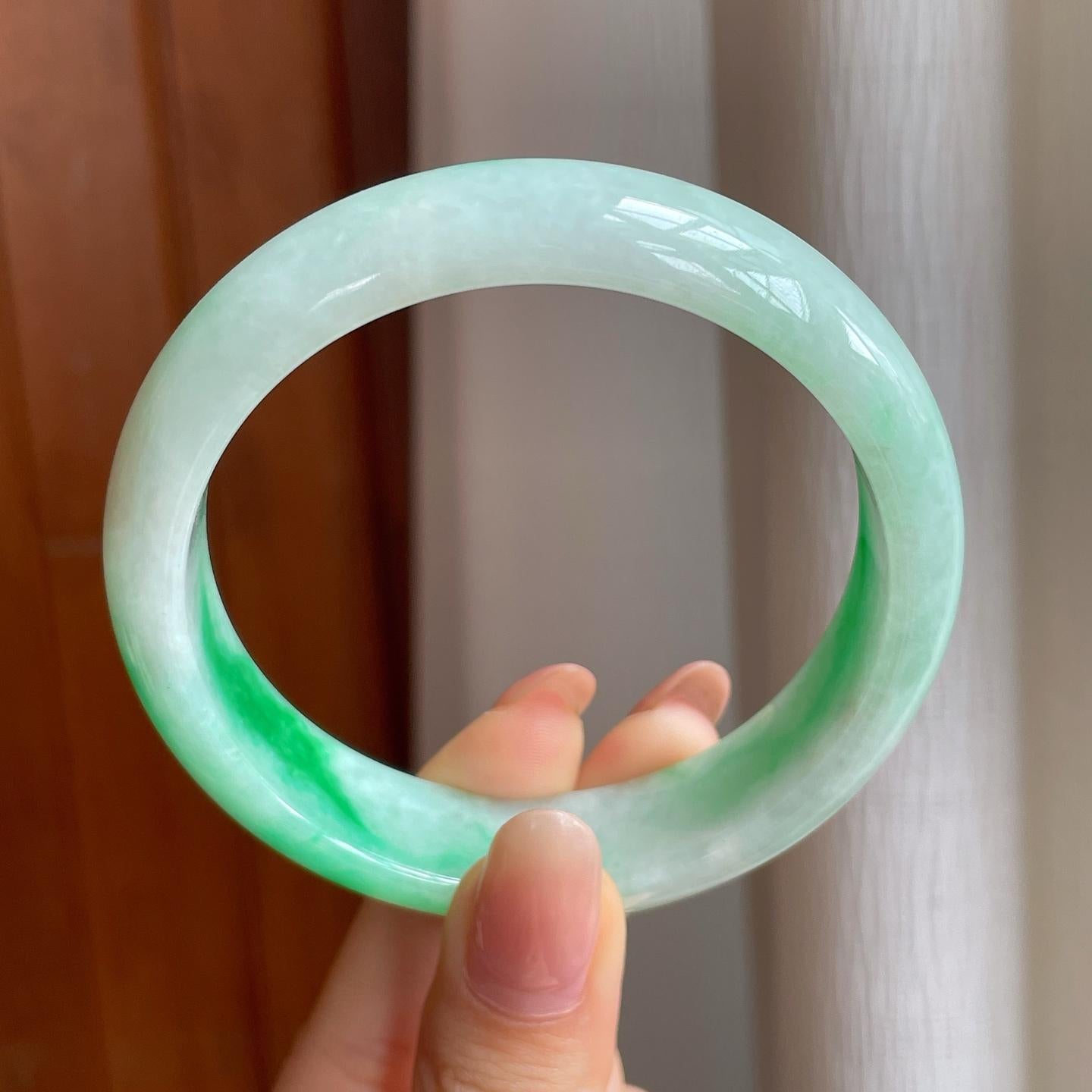 糯冰宽版带色翡翠平安镯（59mm)（yc350505）