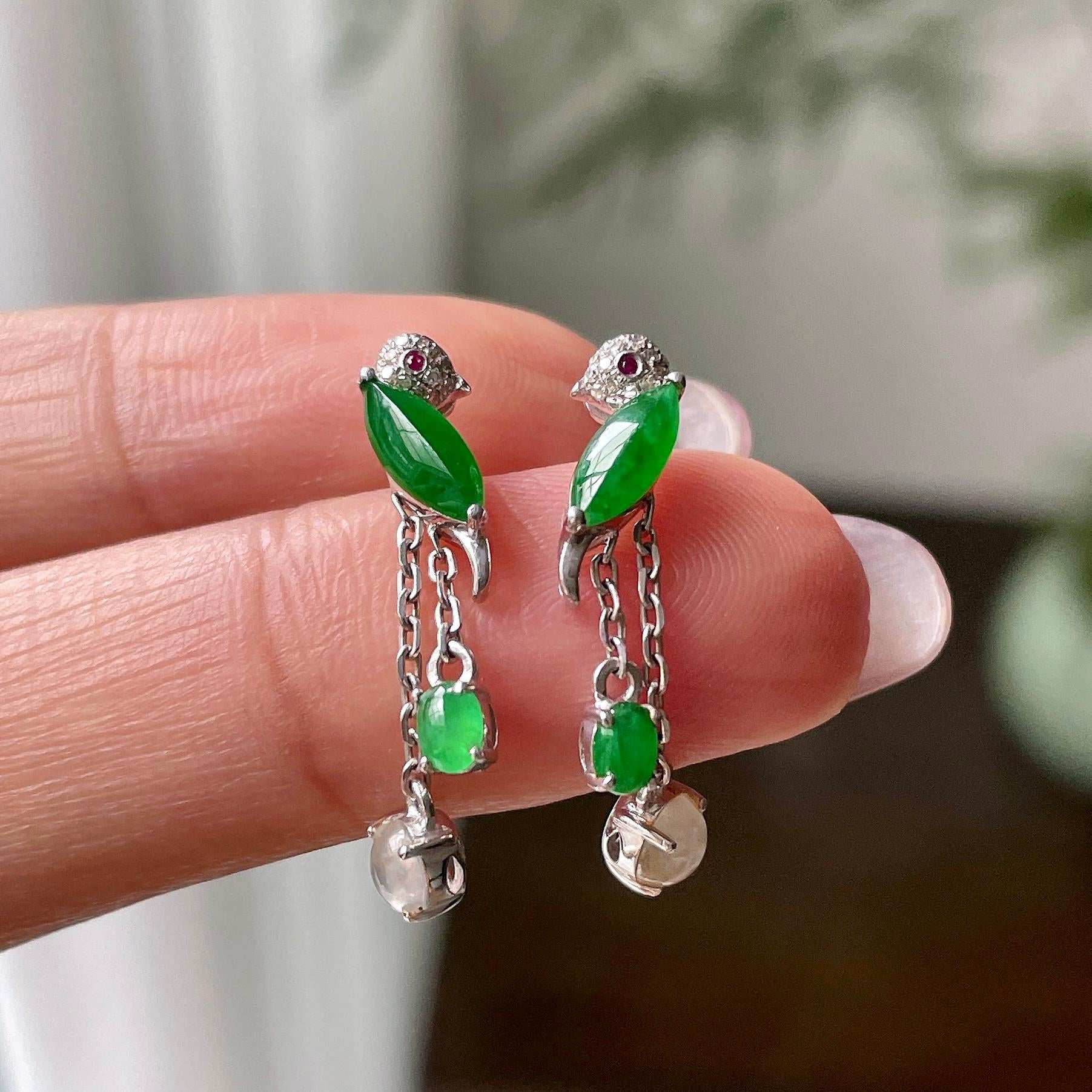 18k金钻镶糯冰种满绿随型耳钉   天然缅甸A货翡翠（yc319045）