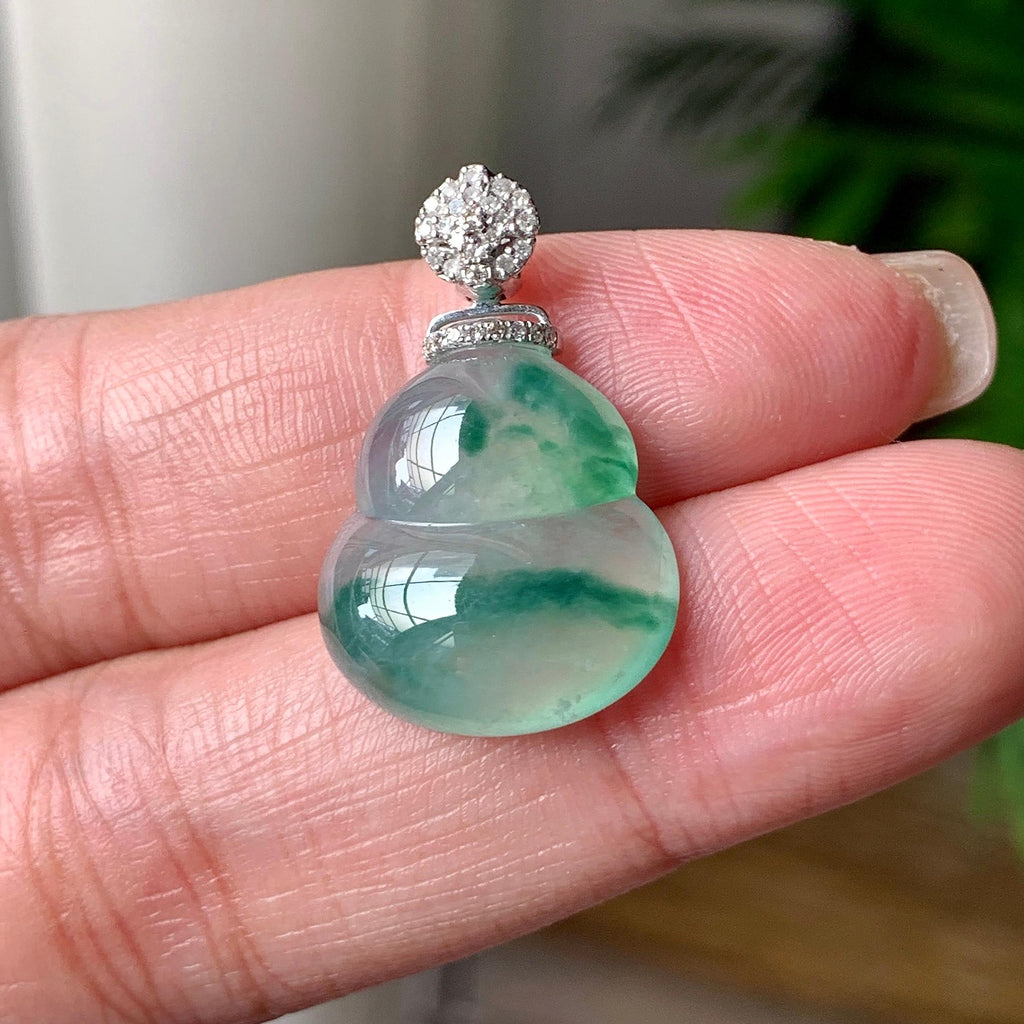 18K金钻镶糯冰种飘蓝花葫芦吊坠 天然缅甸A货翡翠（yc367608）