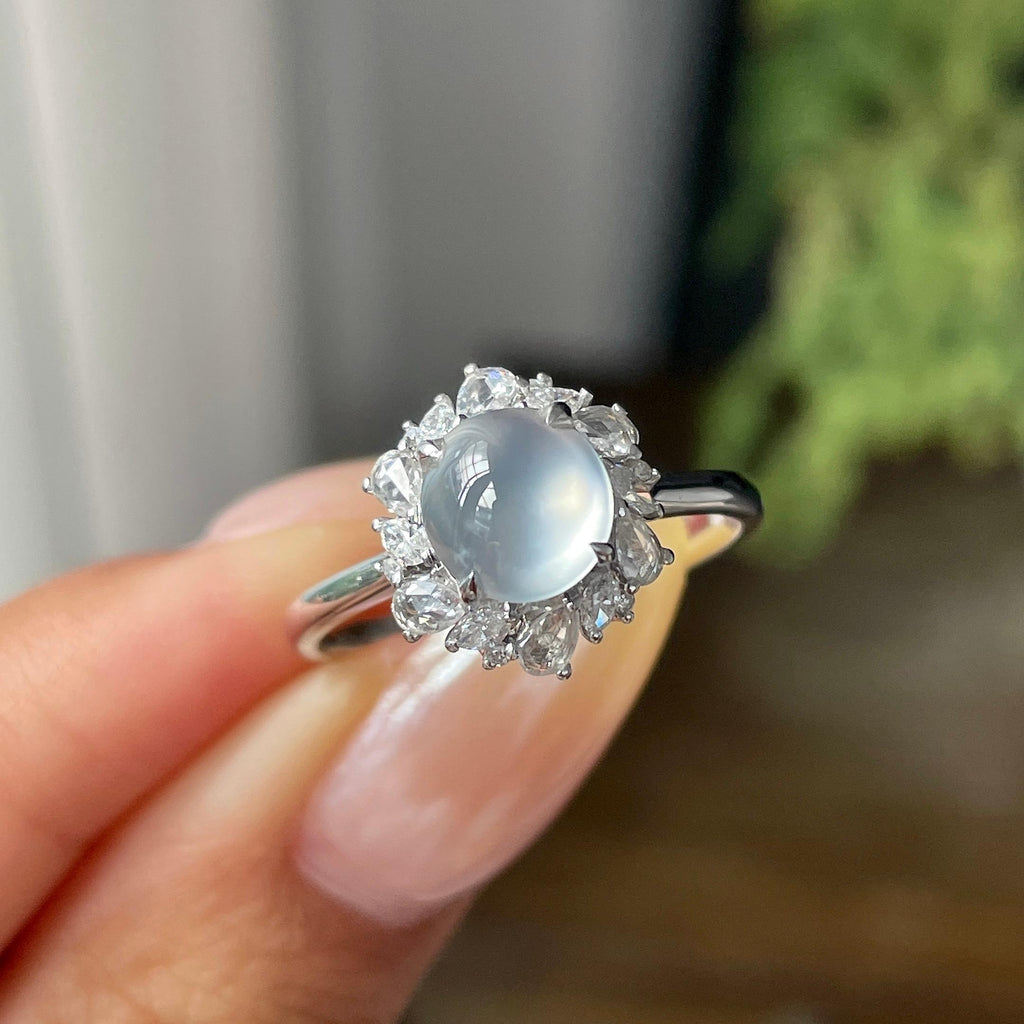 18k金镶高冰种无色蛋面戒指 天然缅甸A货翡翠（yc468041）