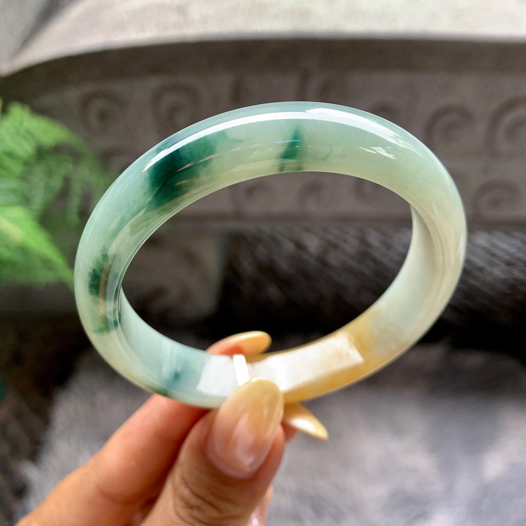 细糯种黄翡飘花正圈平安镯55圈 天然缅甸A货翡翠（yc481904）