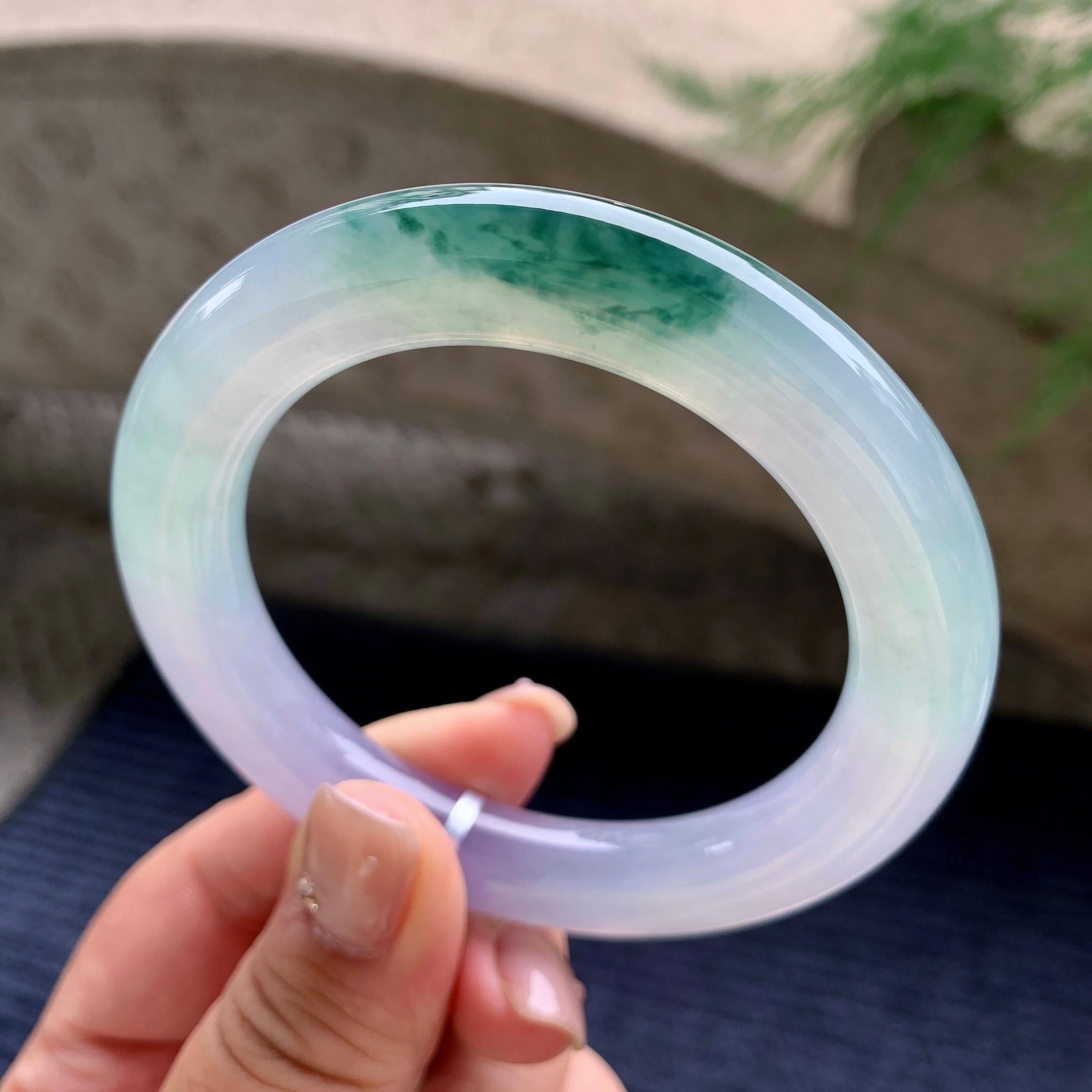 糯冰种紫罗兰飘花圆条手镯  55.8圈口  天然缅甸A货翡翠（yc447371）