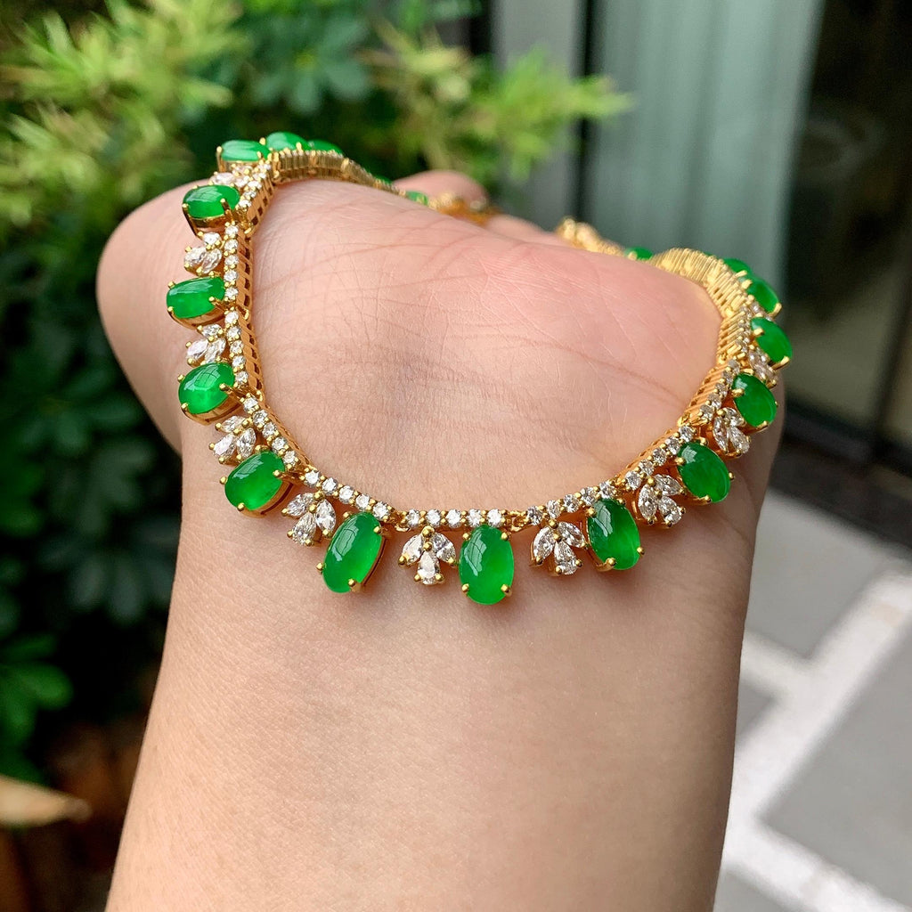 18K金钻镶糯冰种满绿蛋面套链（yc261128）