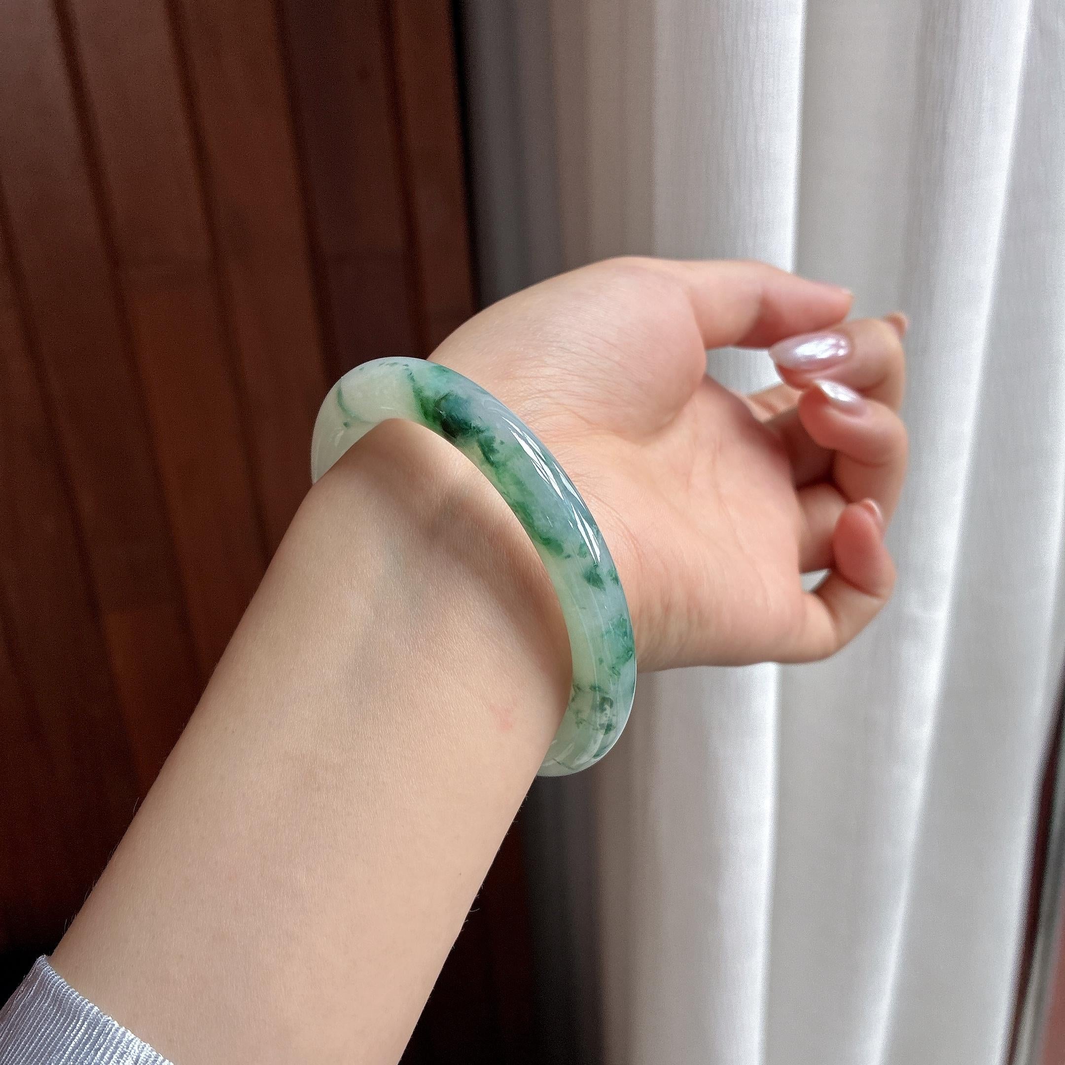糯冰飘花圆条手镯 53圈 天然缅甸A货翡翠（yc497825）