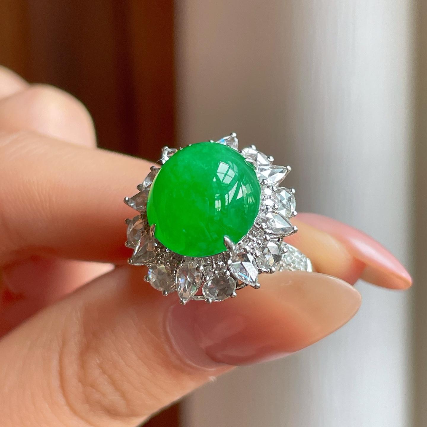 18k金钻镶冰种满绿翡翠戒指（yc350494）