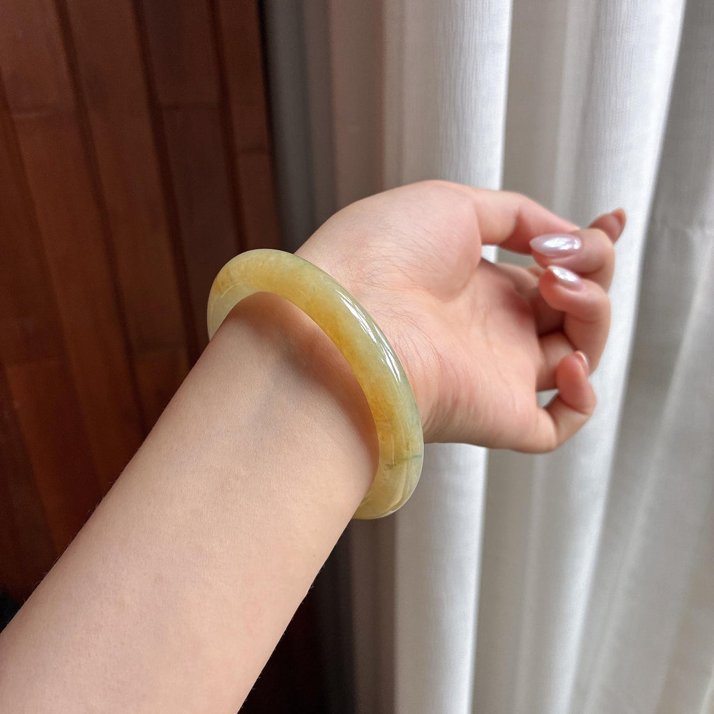 糯冰特色黄翡圆条手镯 52圈 天然缅甸A货翡翠（yc495728）