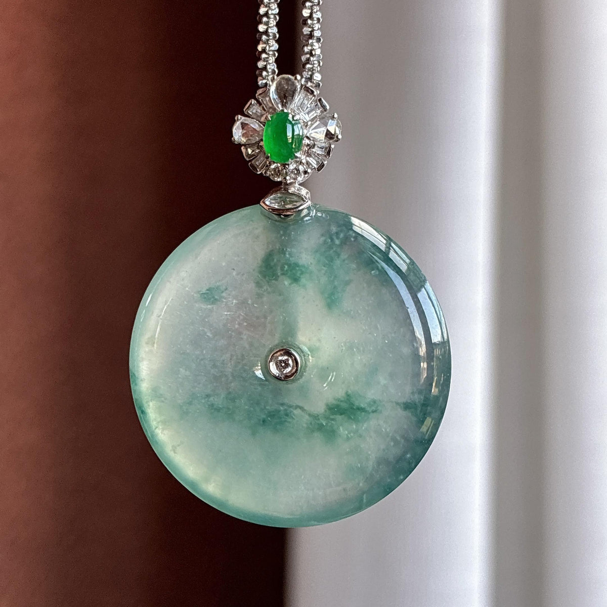 18k金镶冰种起光飘花平安扣挂件（yc779432）