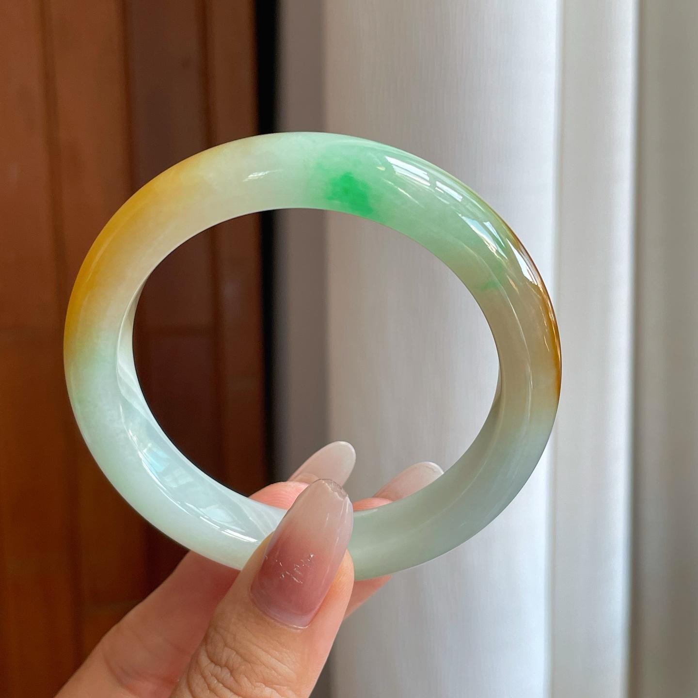 糯冰黄加绿翡翠平安镯（58.5mm）（yc268243）