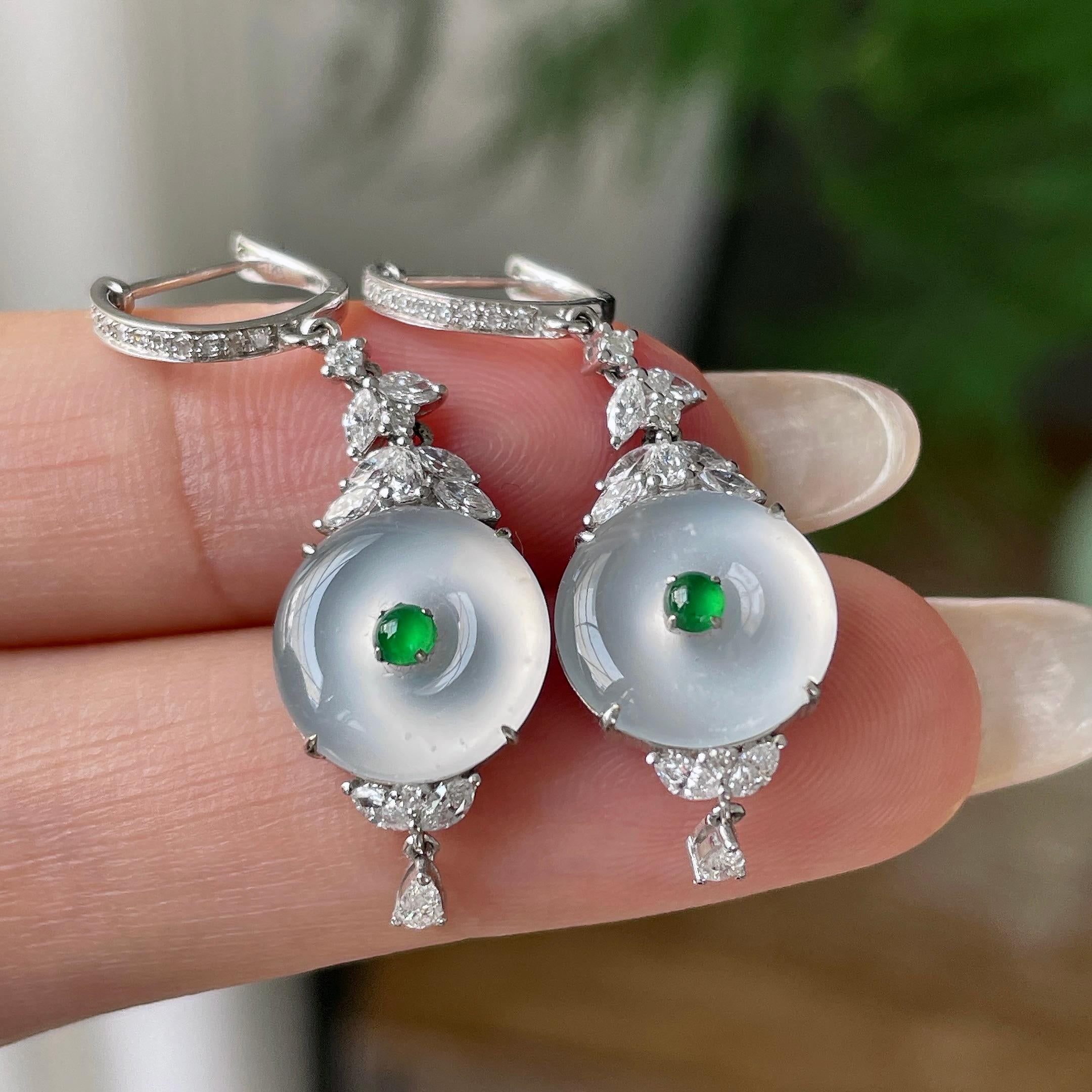 18k金钻镶冰种无色平安扣耳坠    天然缅甸A货翡翠（yc356856）