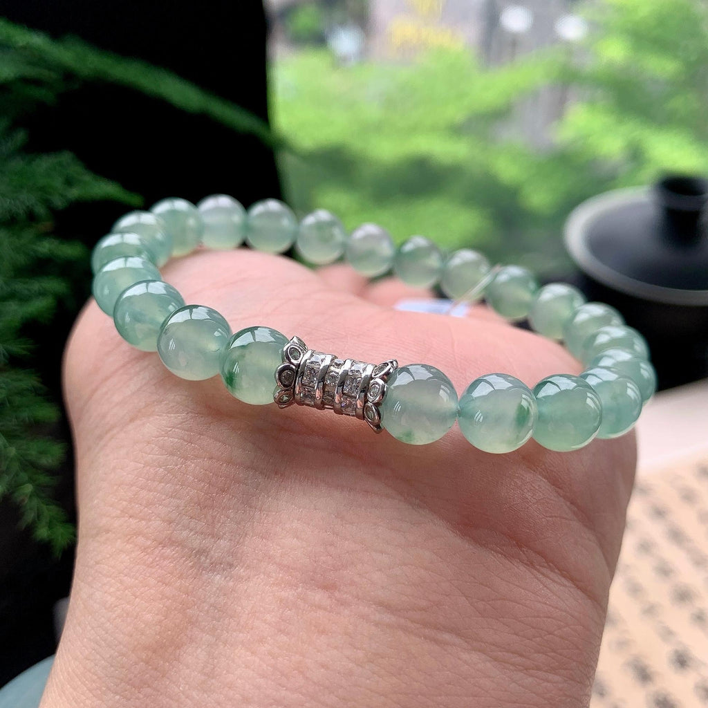 糯冰种晴底飘花手串 天然缅甸A货翡翠（yc473096）