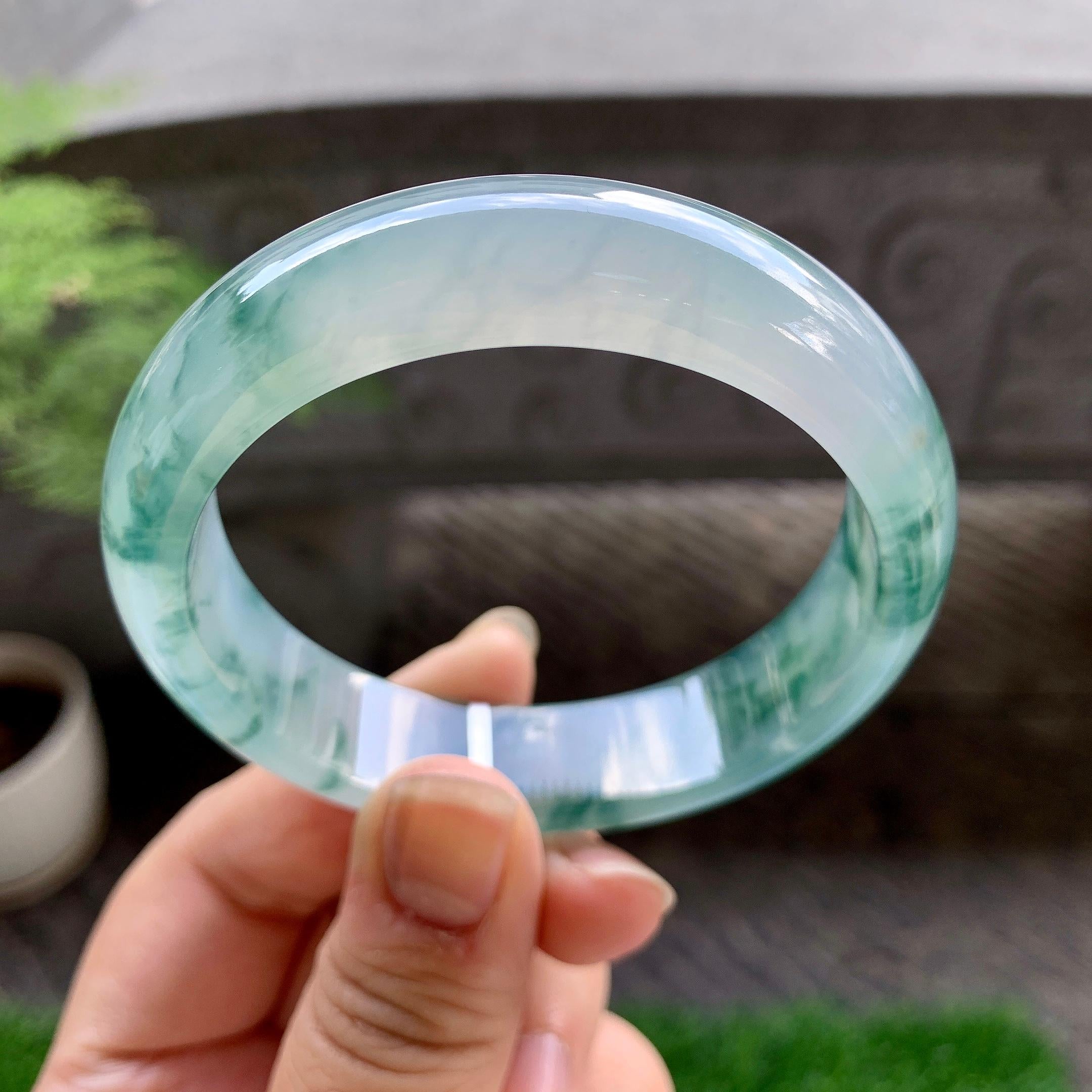 糯冰种飘花宽版轮胎手镯（56.8mm）（yc223276）