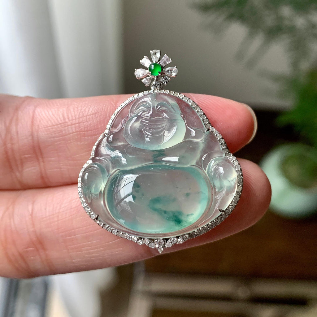 18K金钻镶糯冰种飘花佛公吊坠（yc261152）