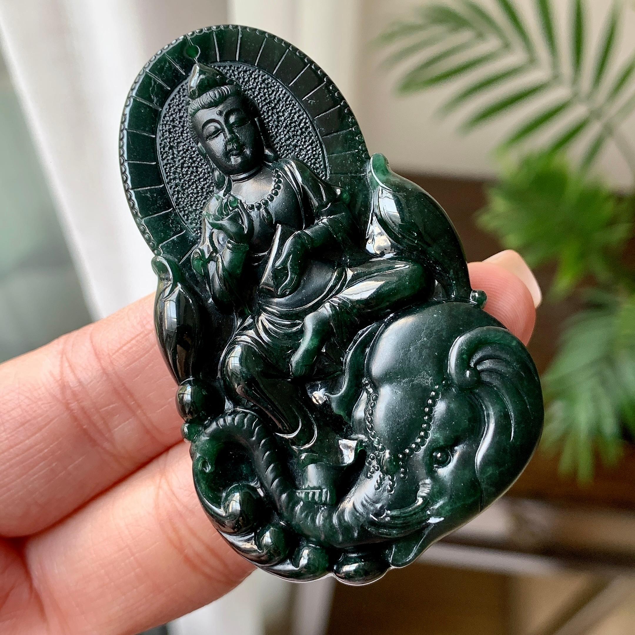 细糯种墨翠普贤菩萨挂件 天然缅甸A货翡翠（yc351361）