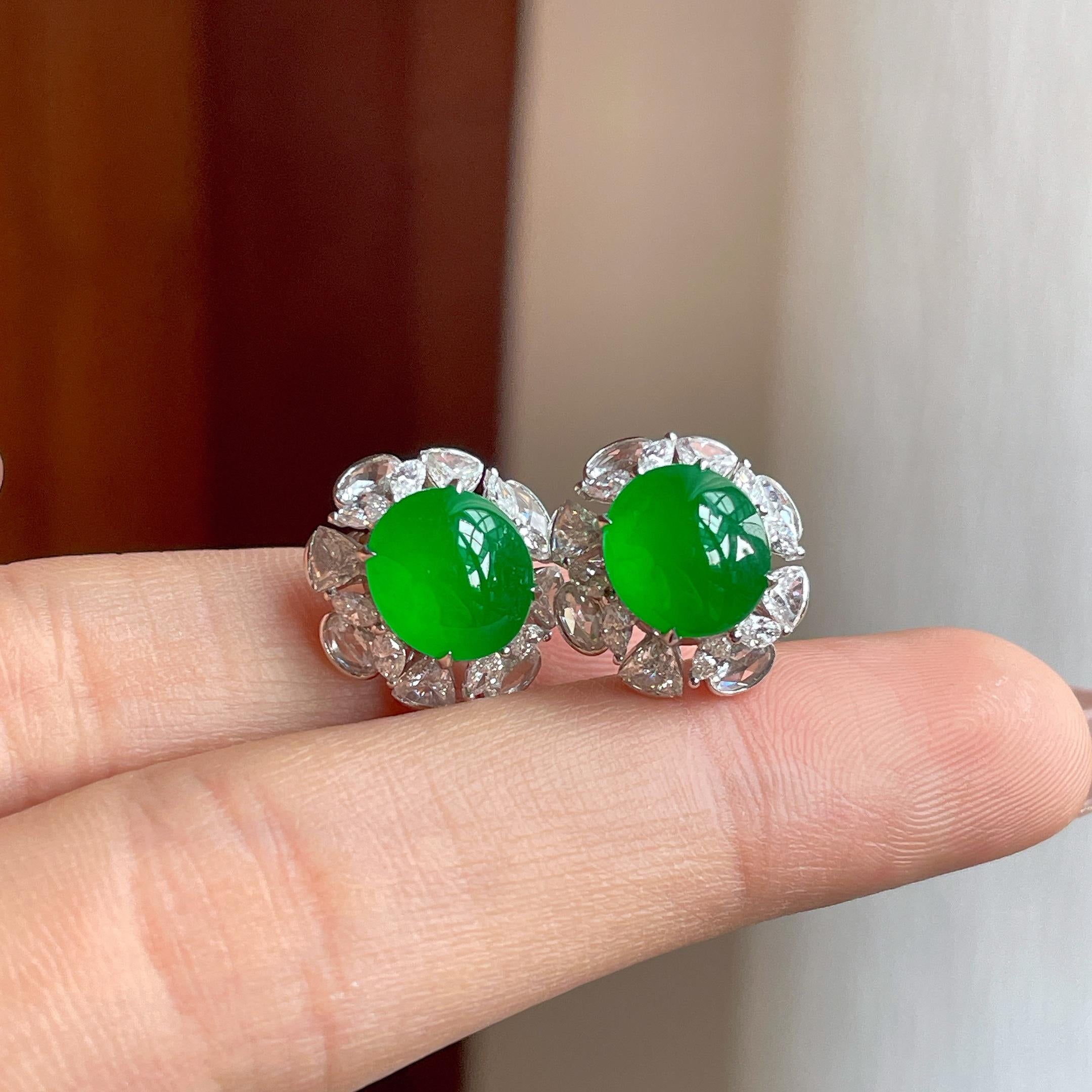 18k金钻镶冰种满绿翡翠耳饰（yc356772）