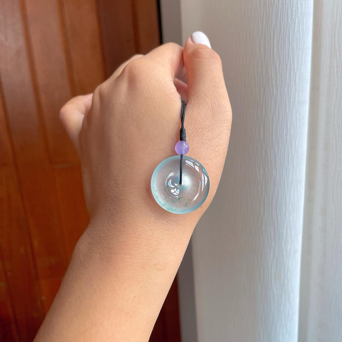 冰玻种飘蓝花翡翠平安扣（yc257256）