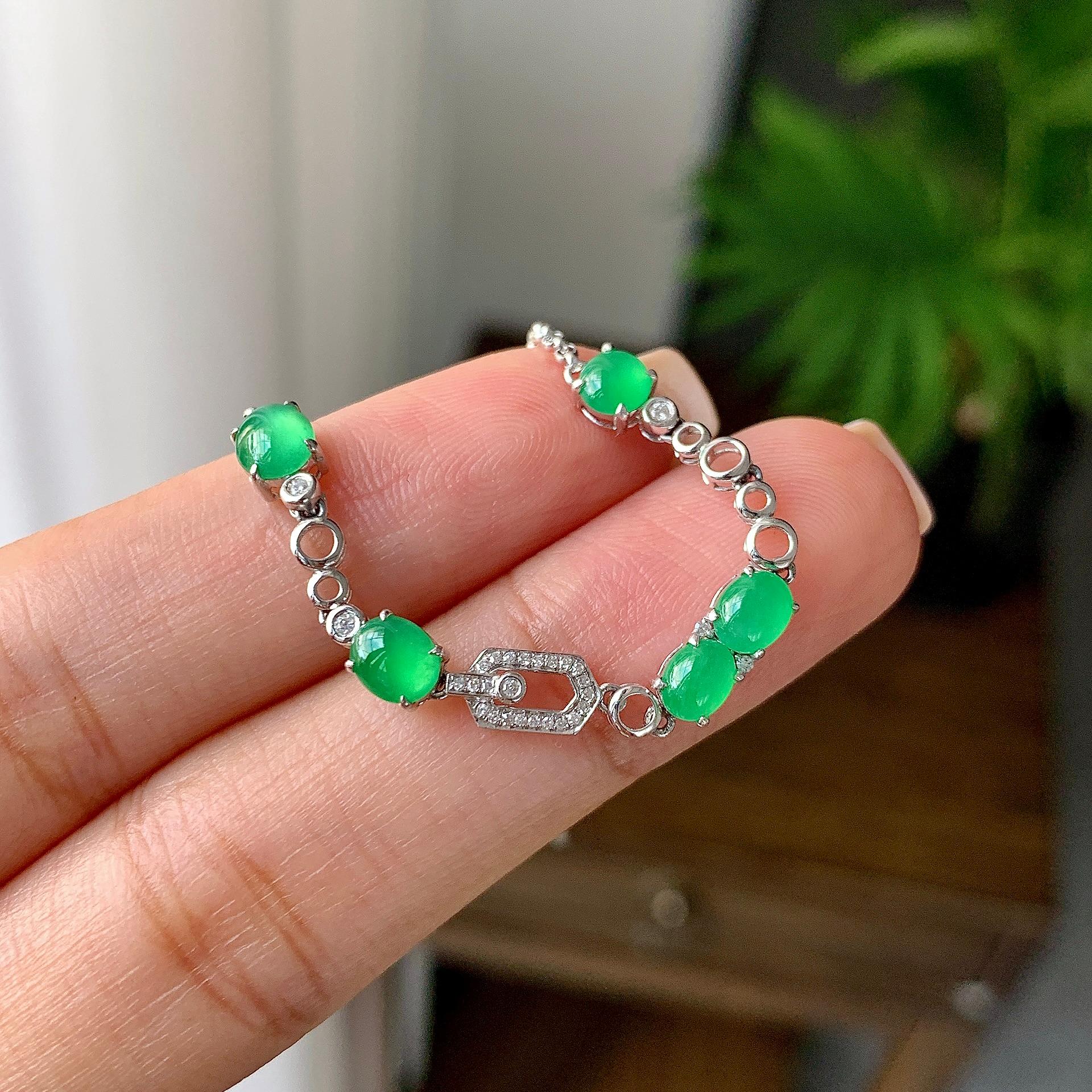 18k金钻镶冰种满绿蛋面手链（yc215983）