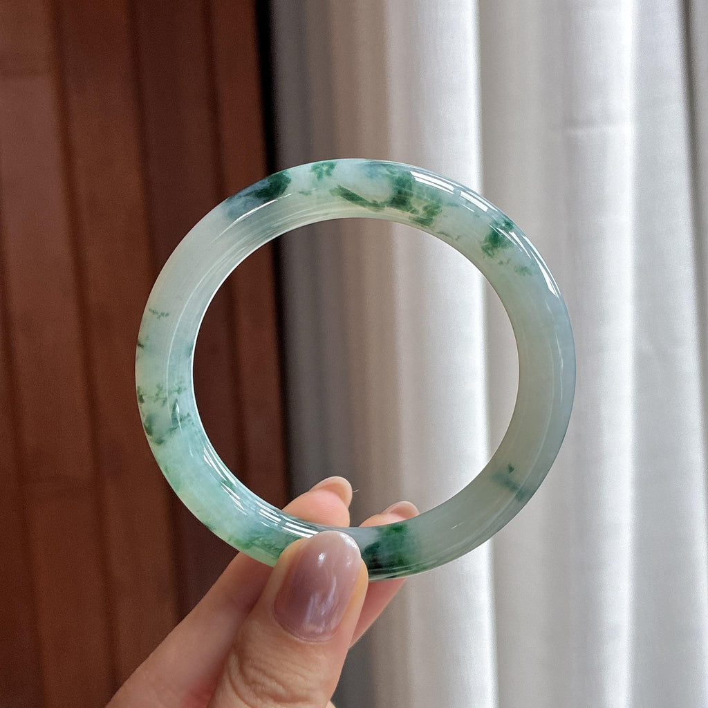 糯冰飘花圆条手镯 53圈 天然缅甸A货翡翠（yc497825）