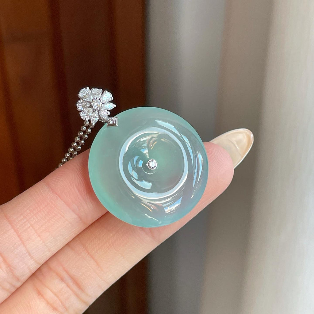 18k金钻镶冰种蓝晴底翡翠平安扣（yc265783）