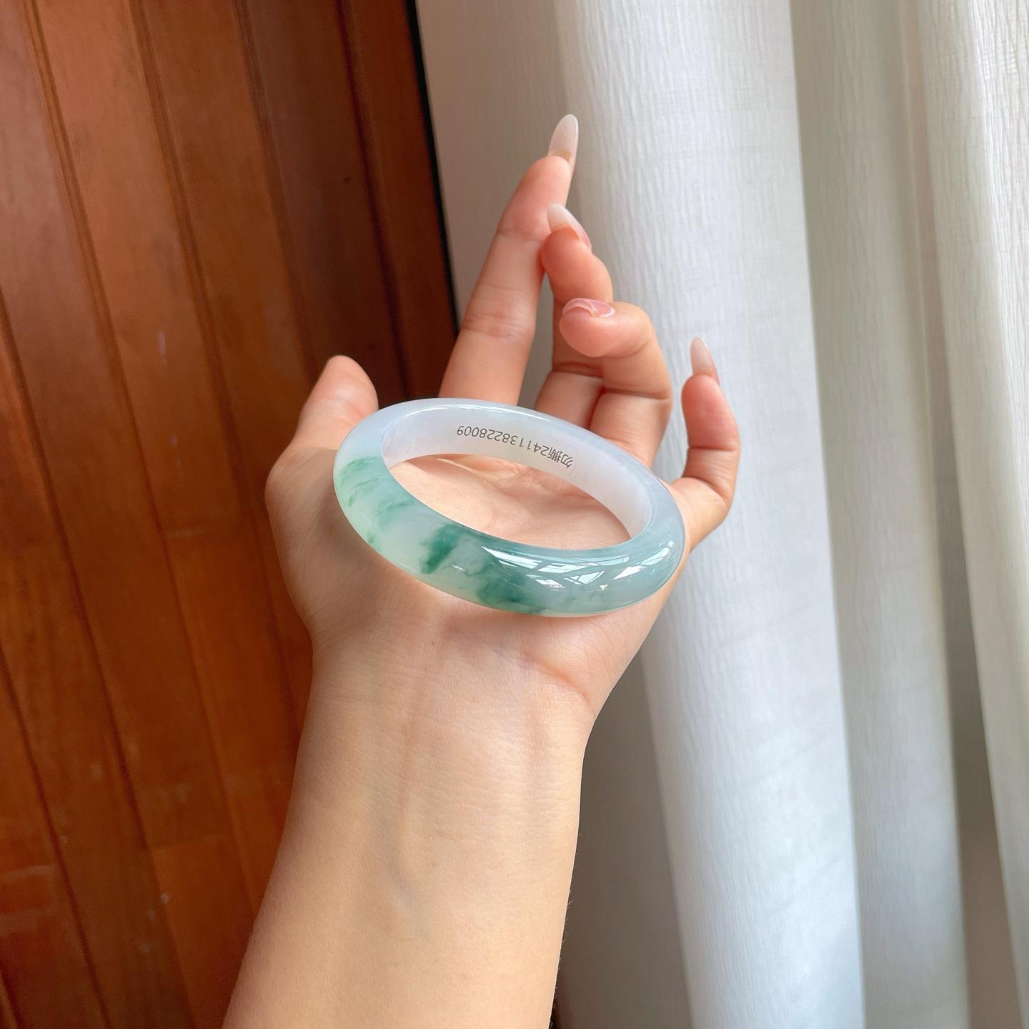 冰种飘花翡翠平安镯（55.5mm）（yc310359）