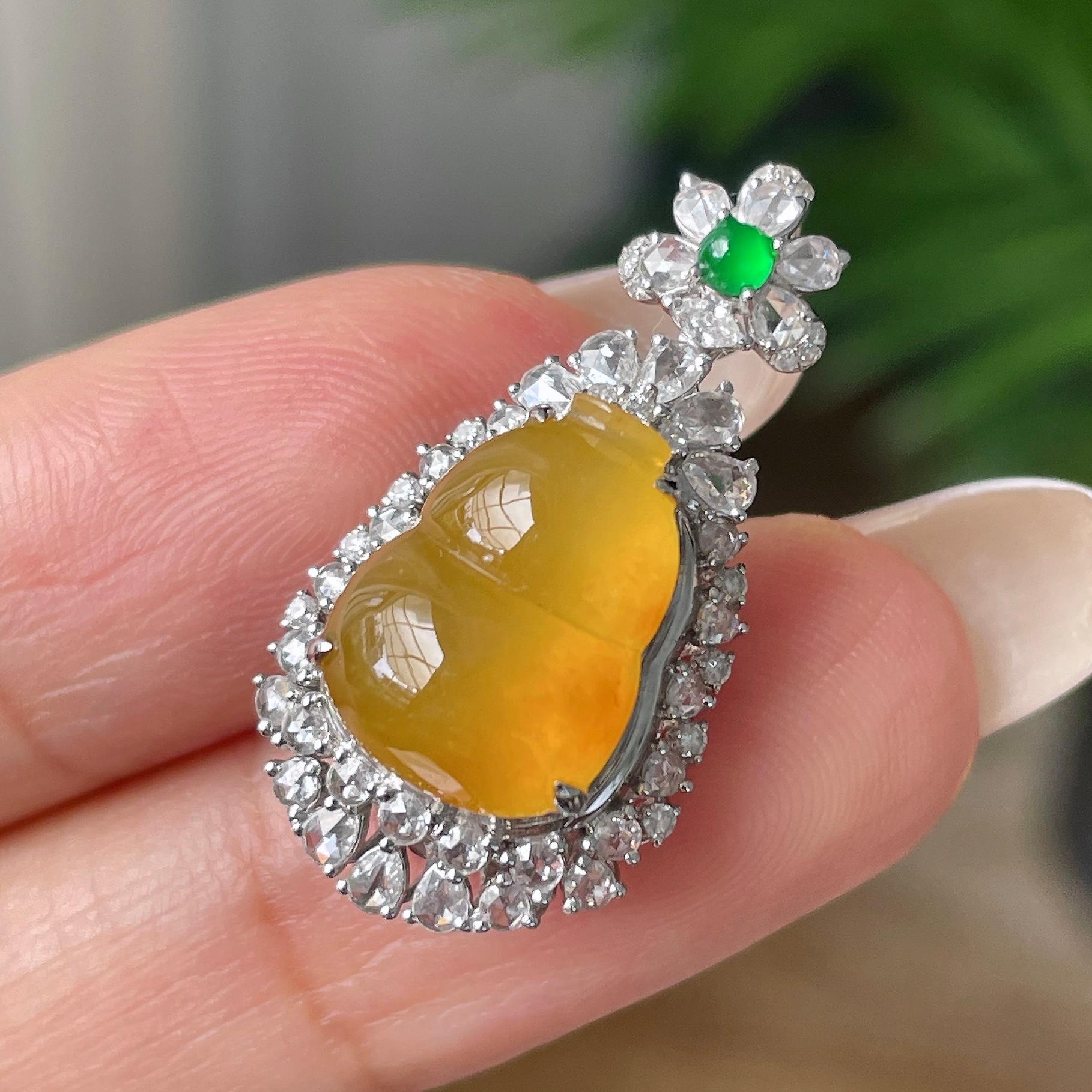 18k金钻镶冰种黄翡葫芦吊坠       天然缅甸A货翡翠（yc409680）