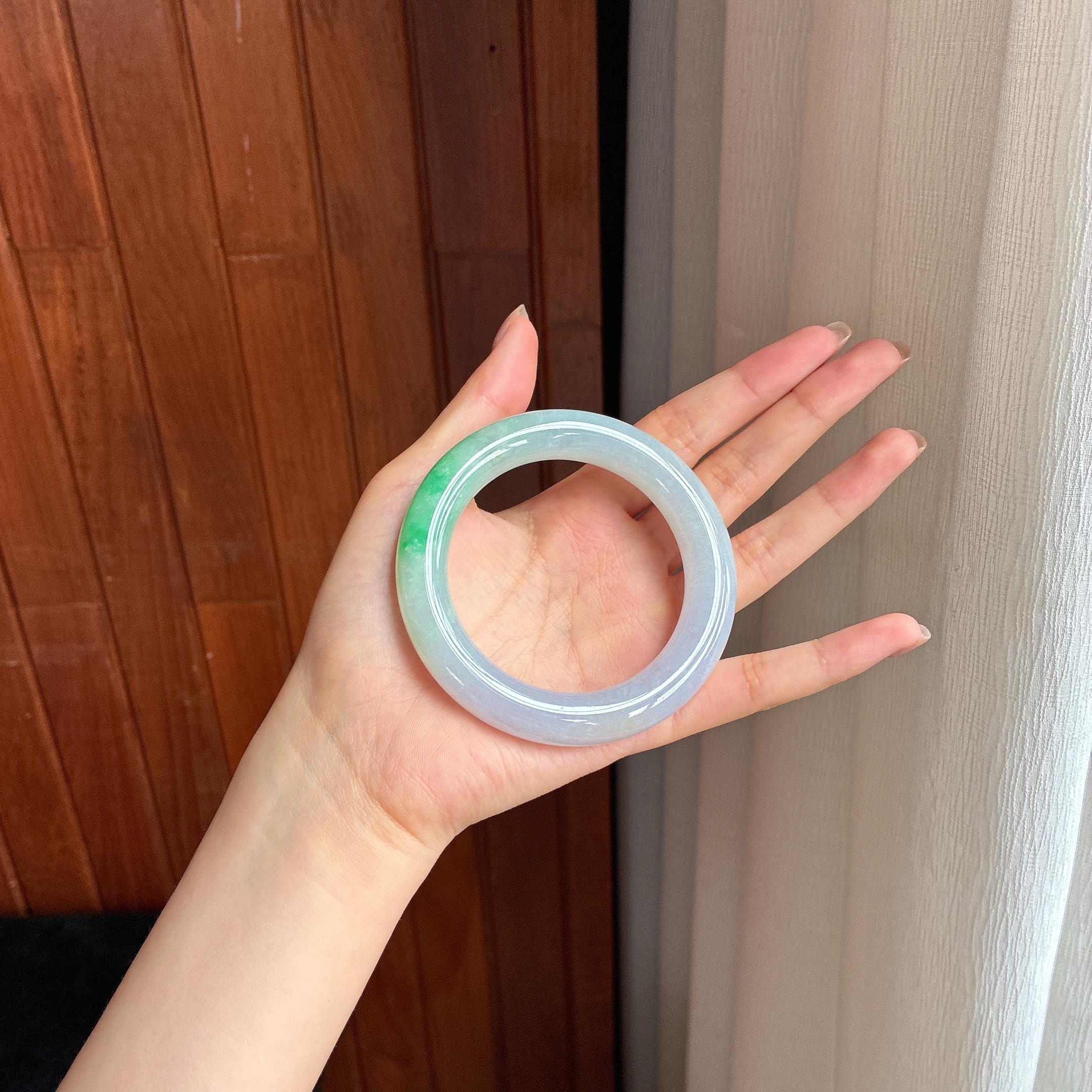 糯冰带色翡翠圆条手镯 56圈天然缅甸A货翡翠（yc440208）