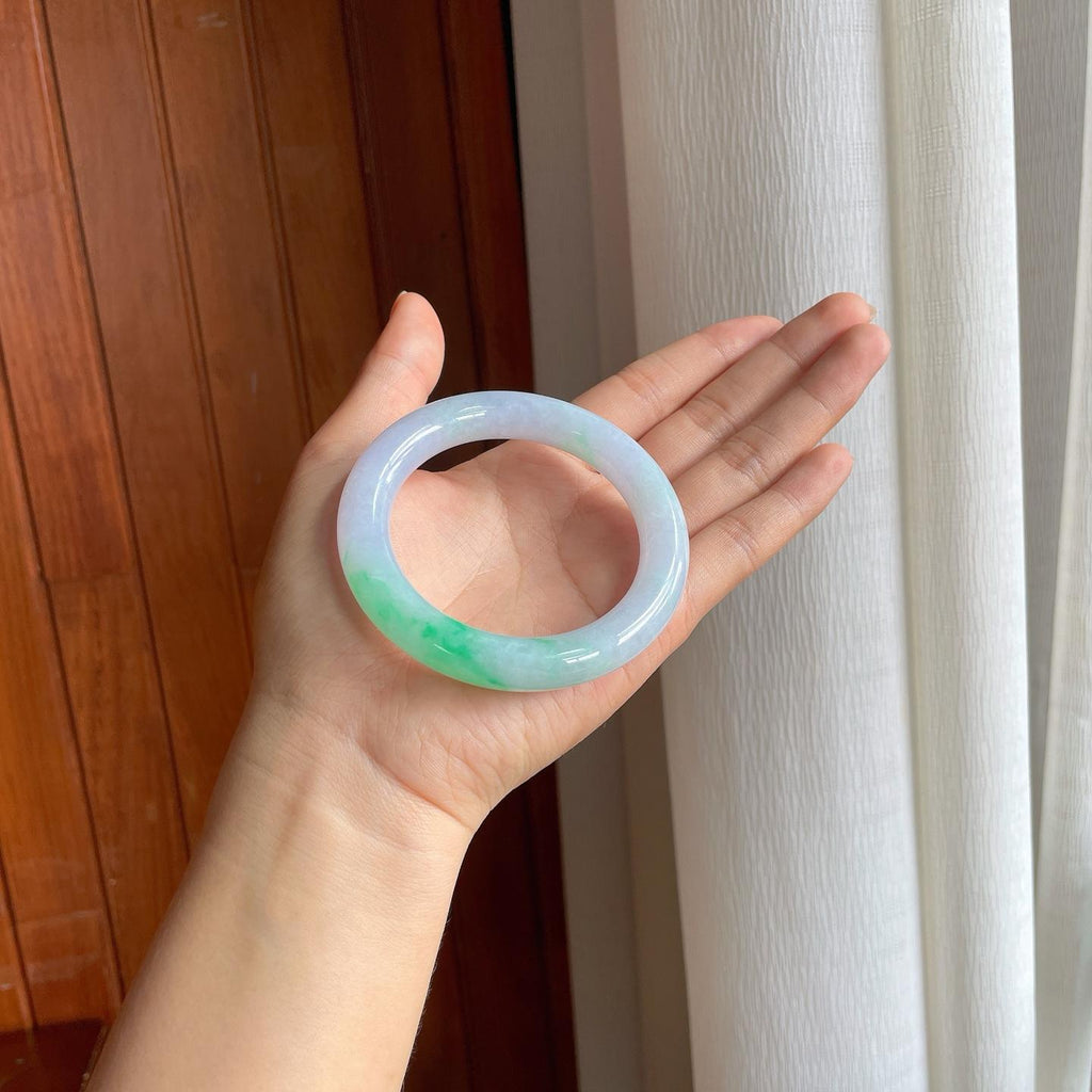 糯冰白底青翡翠圆条手镯（57mm)（yc397582）