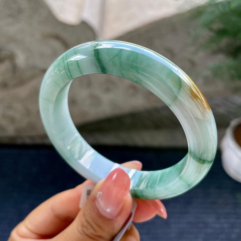 细糯种飘绿飘黄翡正圈平安镯54.6圈        天然缅甸A货翡翠（yc444675）