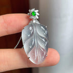 18k金镶冰玻种无色雪花棉翡翠叶子（yc250571）