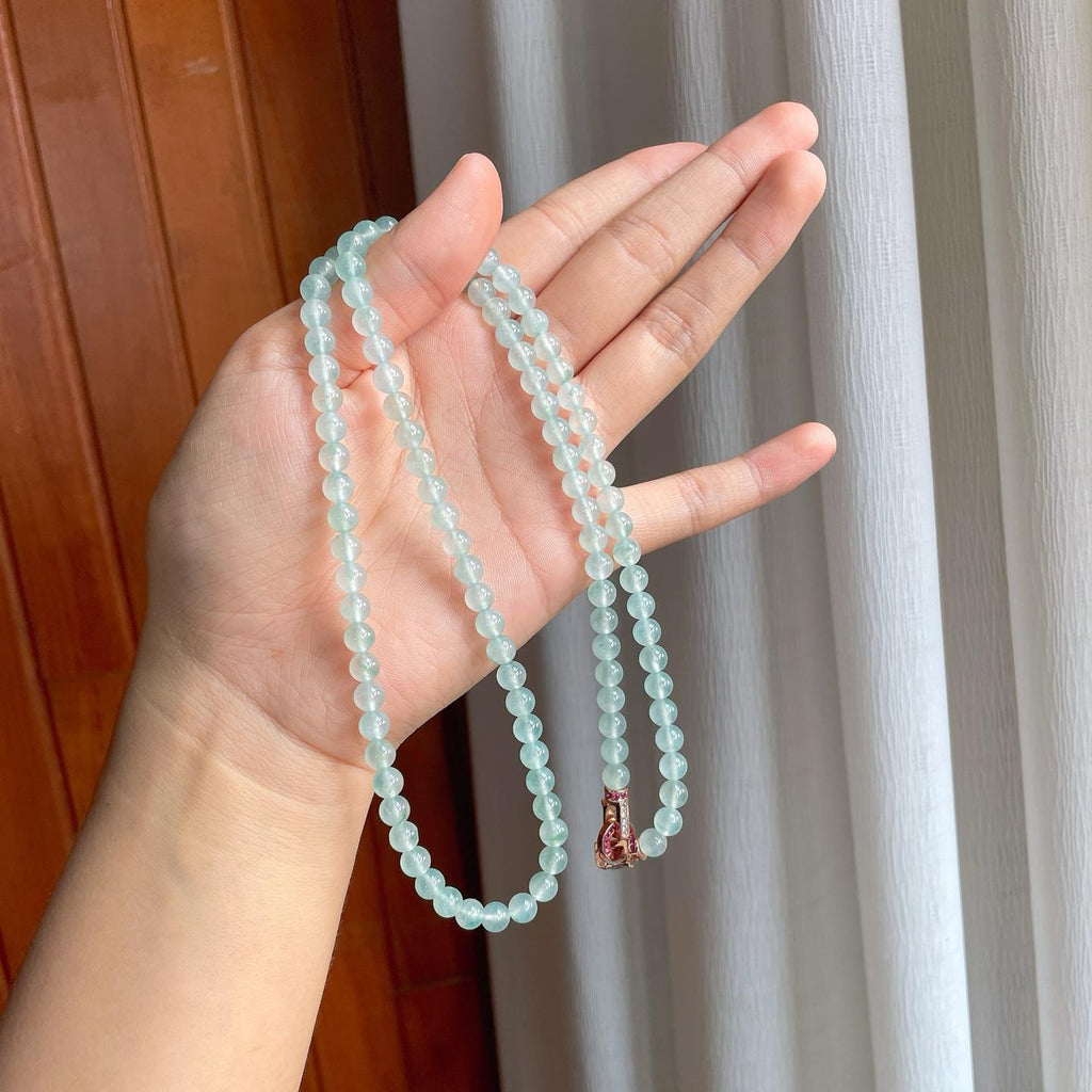 冰种淡底色飘花翡翠珠串项链（yc247649）