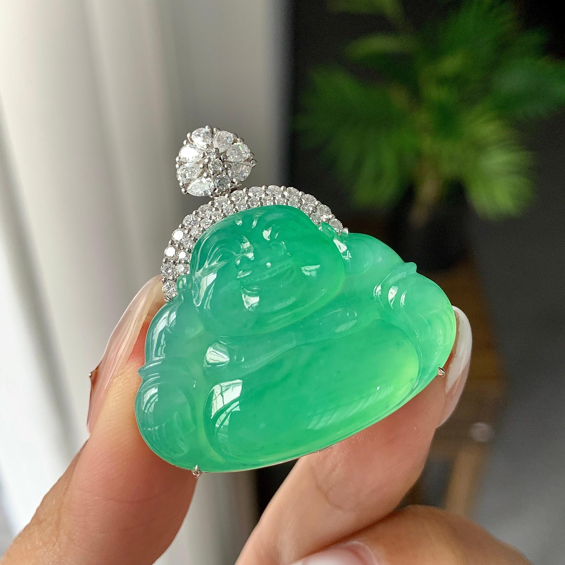 18K金钻镶冰种满绿佛公吊坠（yc252552）