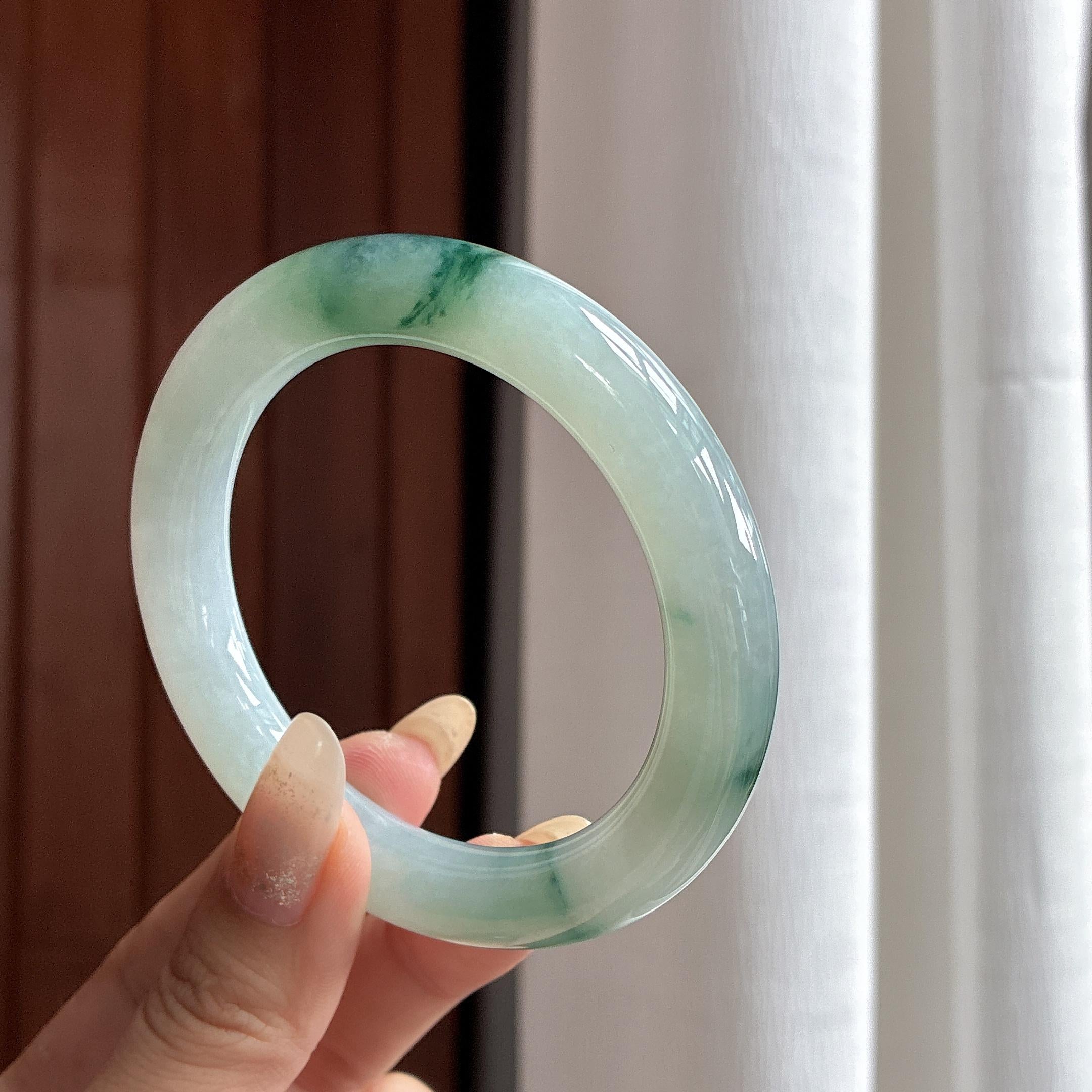 糯冰飘花圆条手镯 58圈 天然缅甸A货翡翠（yc503894）