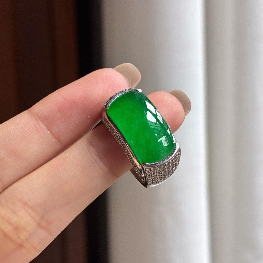 Nhẫn Ngọc Phỉ Thúy Myanmar Loại A Tự Nhiên, 18K Vàng Khảm Ngọc Băng Tuyết Mãn Lục (yc450396)