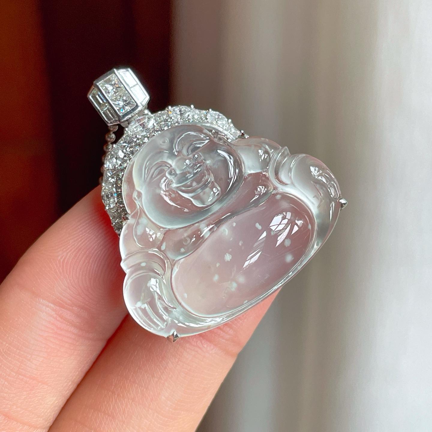 18k金镶冰玻种雪花棉翡翠佛公（yc248487）