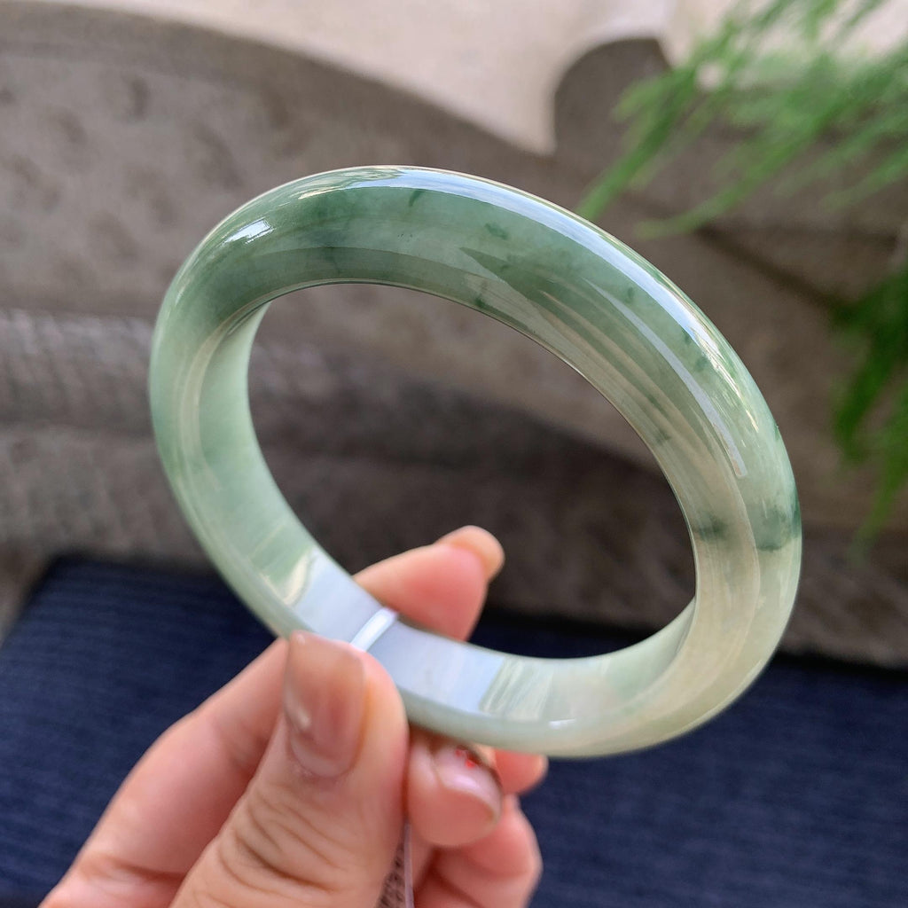糯种飘绿花正圈平安镯 57圈口 天然缅甸A货翡翠（yc350646）