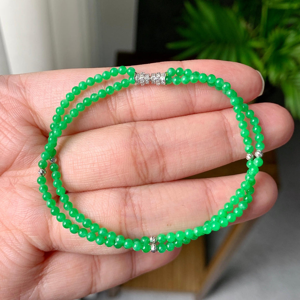 18K金钻镶糯冰种满绿小米珠链/手链（两用款）（yc252062）