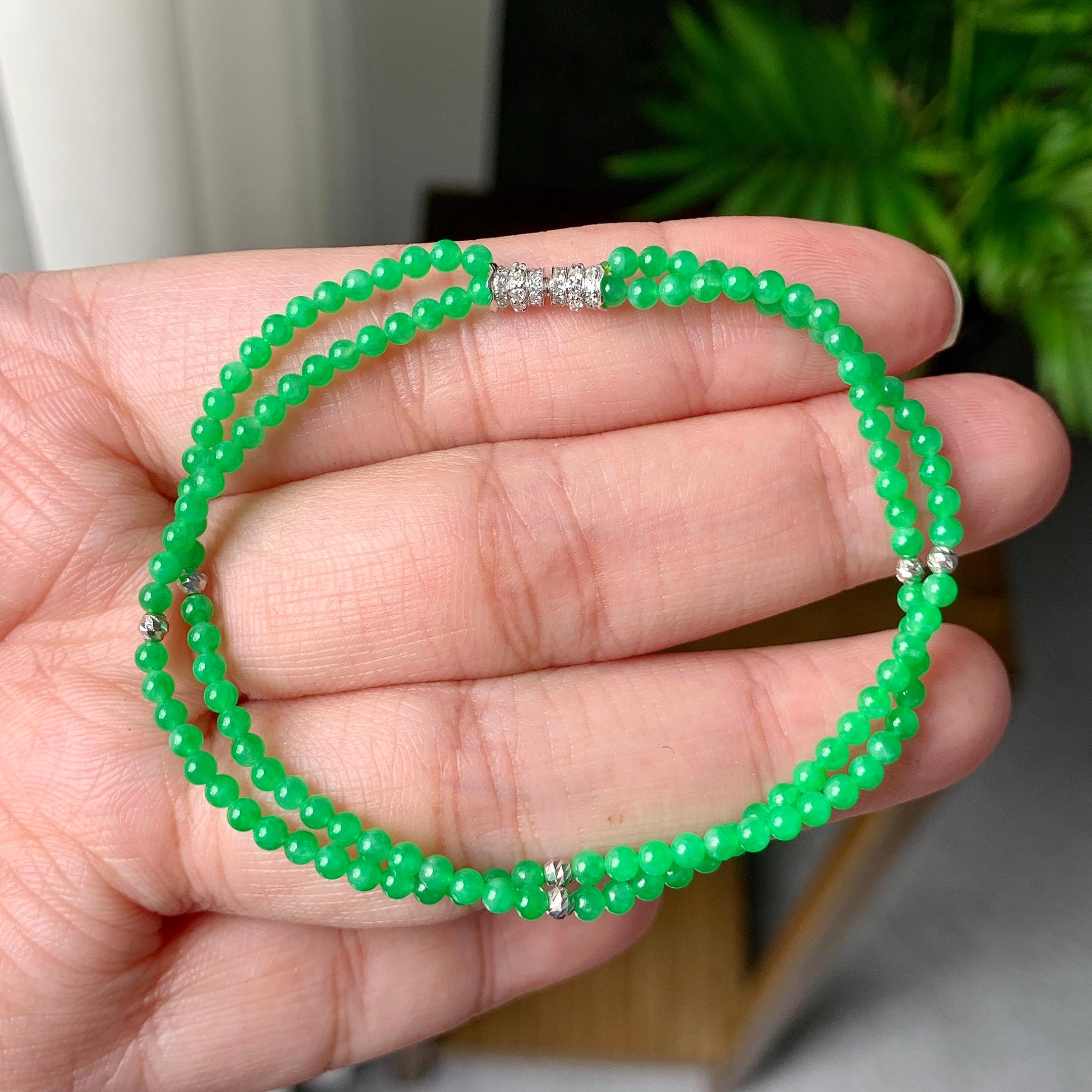 18K金钻镶糯冰种满绿小米珠链/手链（两用款）（yc252062）