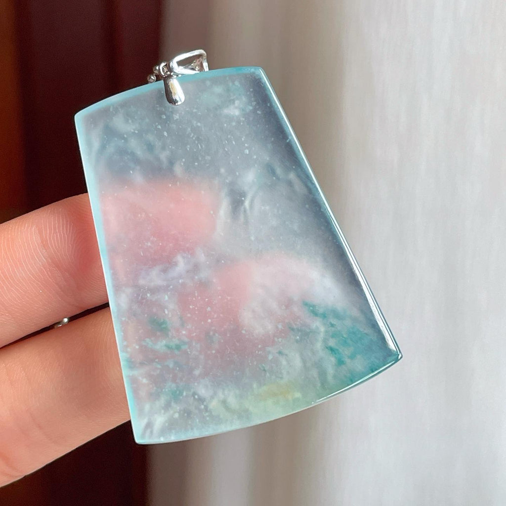 18k金扣冰玻种飘花翡翠山水牌（yc248489）