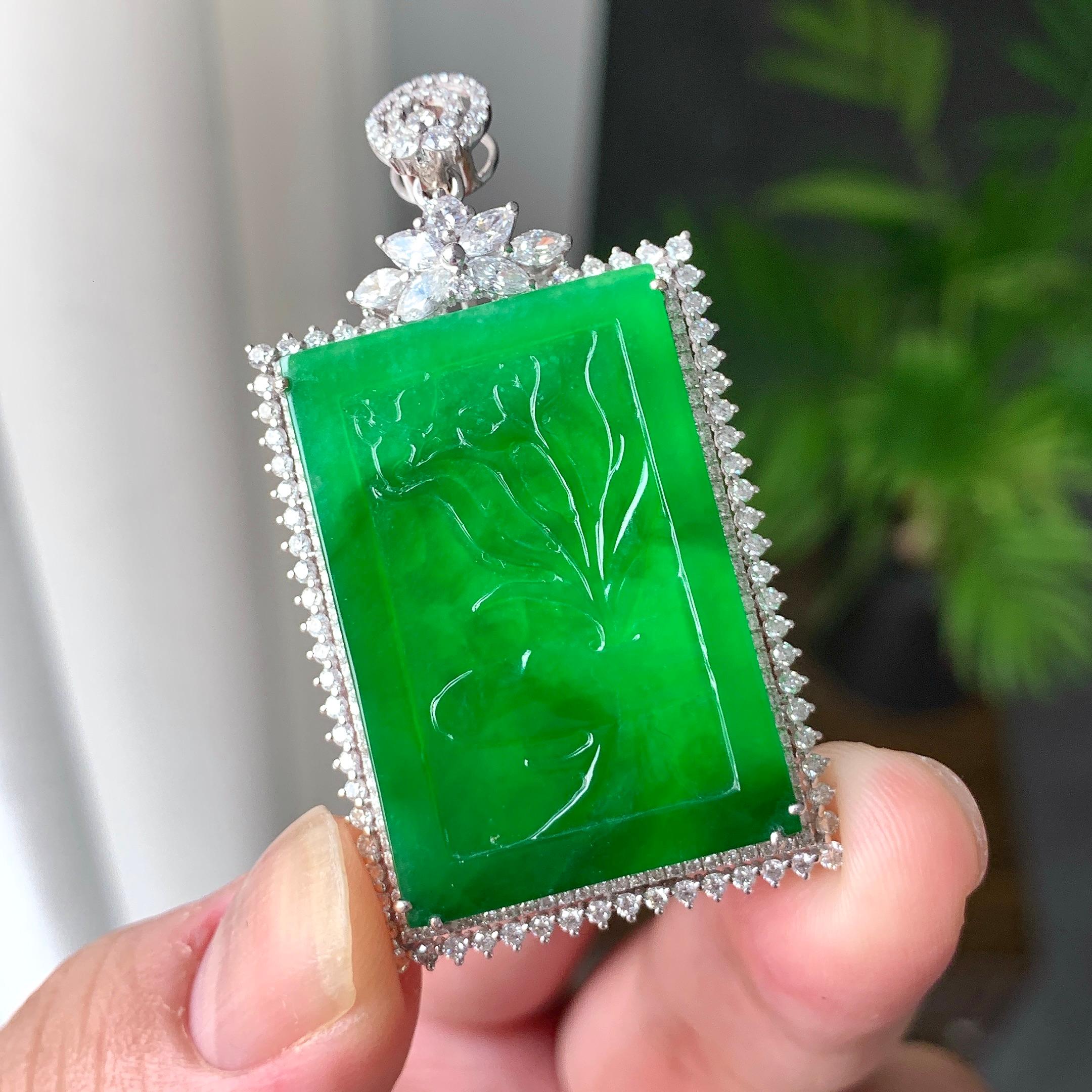 18K金钻镶糯冰种满绿兰花牌挂件（yc207256）