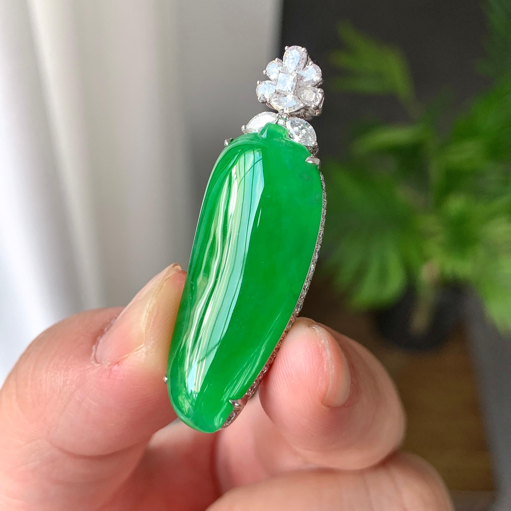 18K金钻镶糯冰种满绿福瓜吊坠（yc242679）