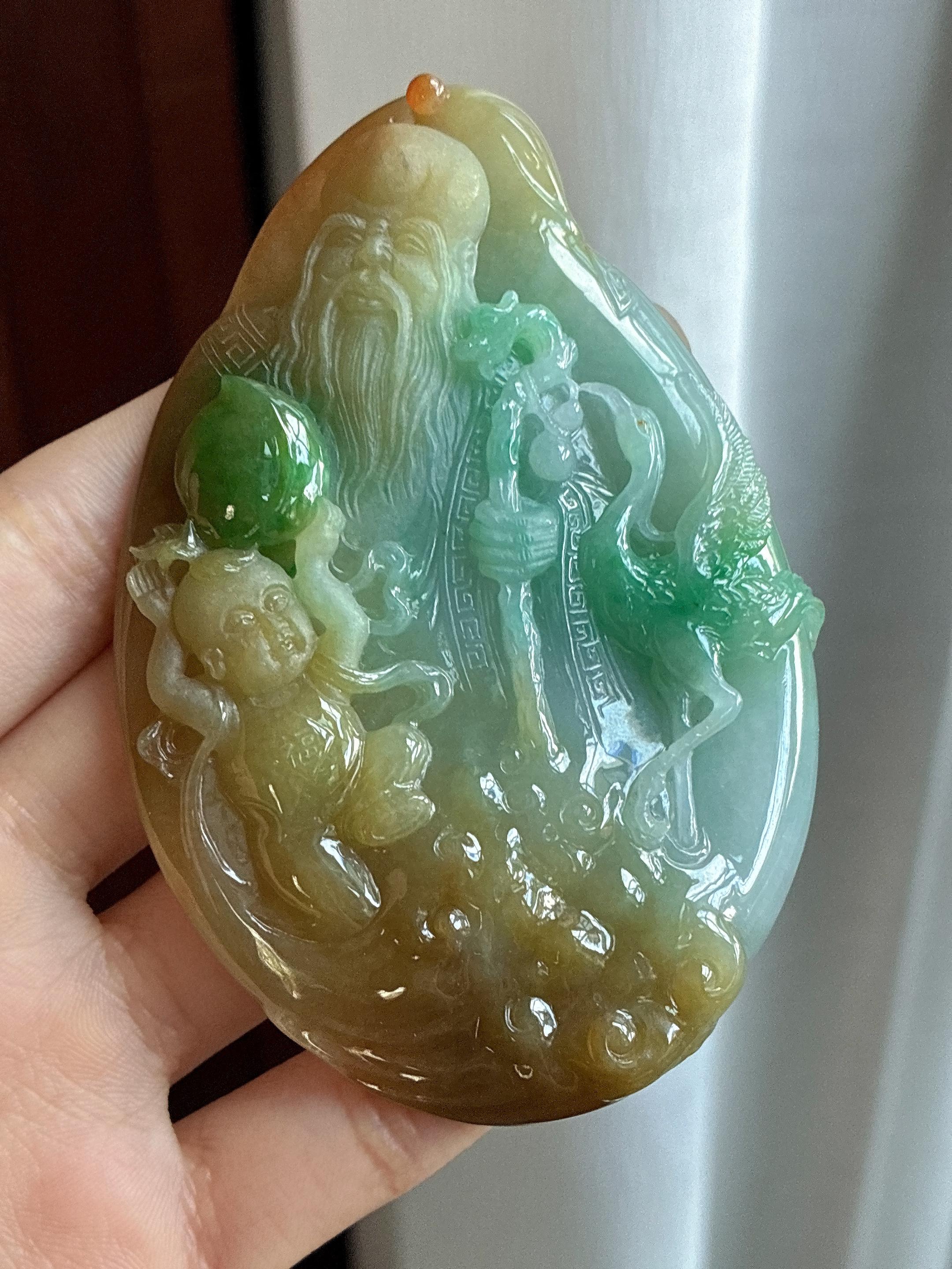 细糯种黄加绿寿星挂件 天然缅甸A货翡翠（yc484154）
