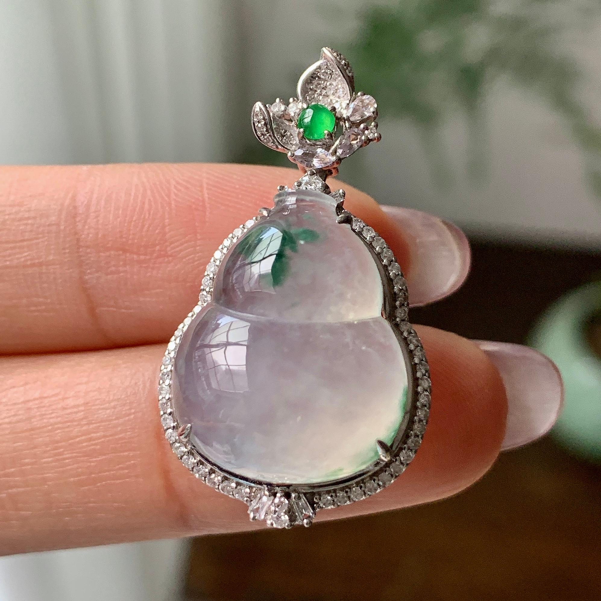 18k金钻镶冰种飘蓝花葫芦吊坠    天然缅甸A货翡翠（yc328231）