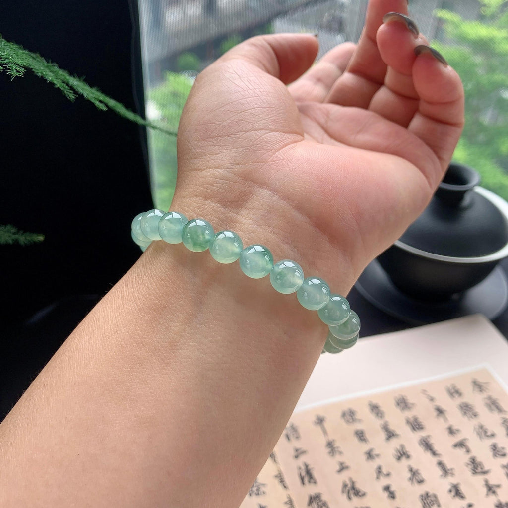 糯冰种晴底飘花手串 天然缅甸A货翡翠（yc473096）